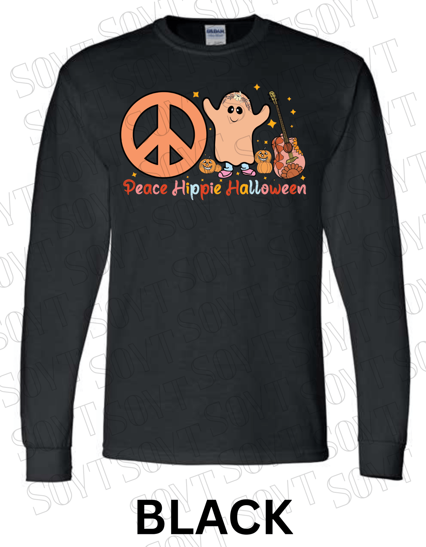 Peace Hippie Halloween Long Sleeve – Ghost, Peace Sign & Floral Guitar Fall Shirt - Festive Apparel StoreBlack