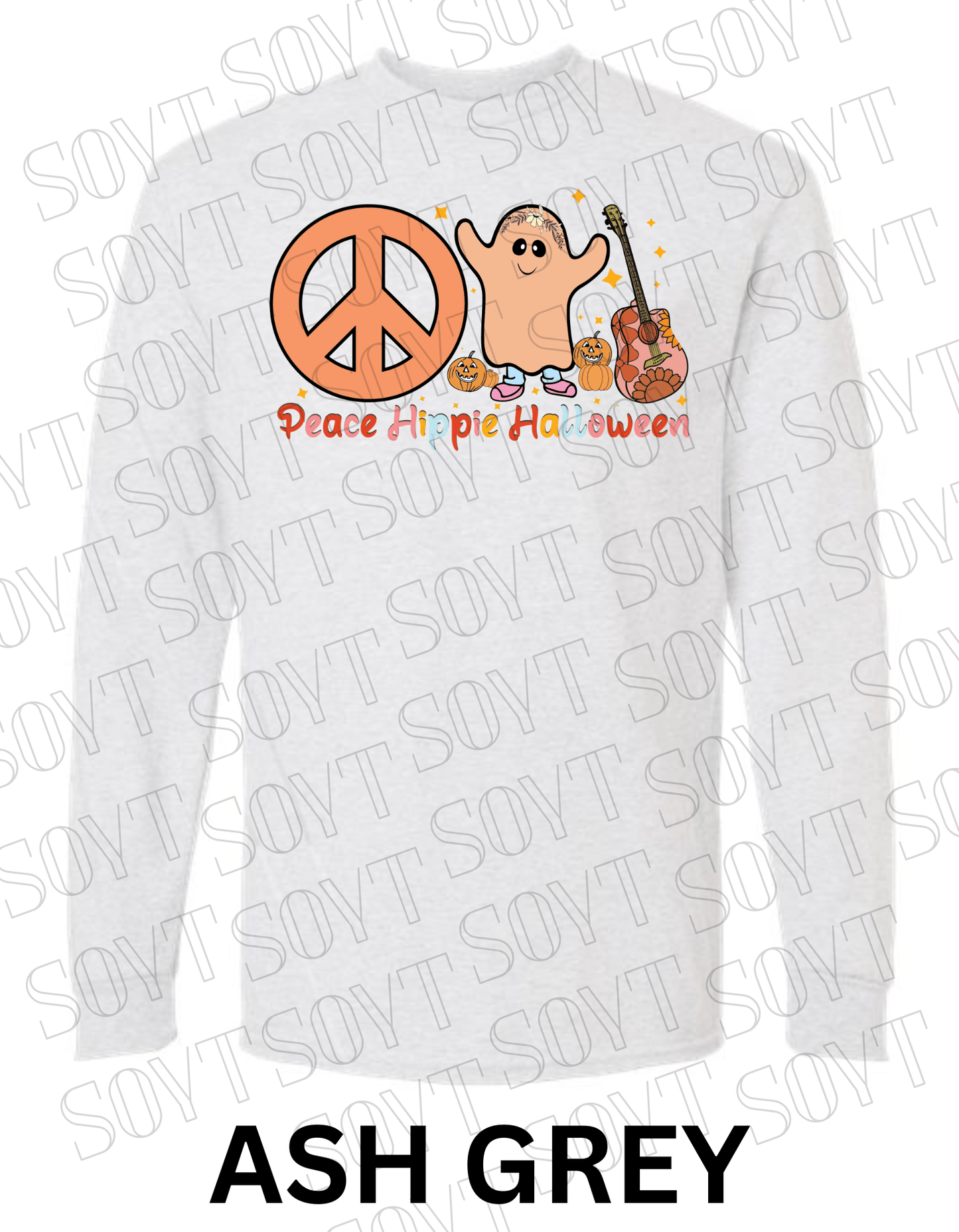 Peace Hippie Halloween Long Sleeve – Ghost, Peace Sign & Floral Guitar Fall Shirt - Festive Apparel StoreAsh Gray