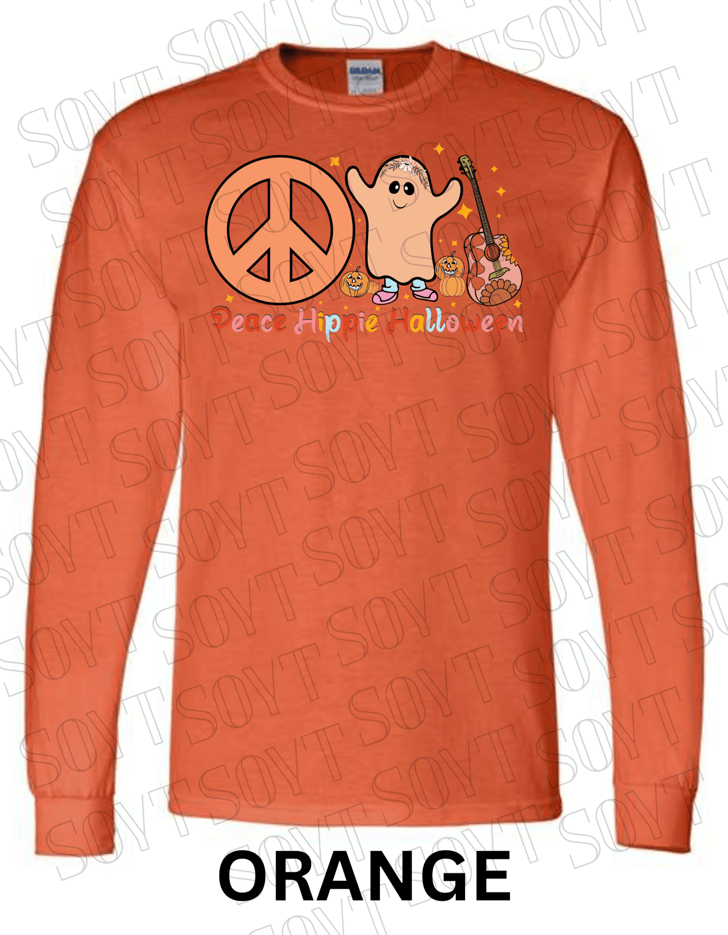 Peace Hippie Halloween Long Sleeve – Ghost, Peace Sign & Floral Guitar Fall Shirt - Festive Apparel StoreOrange