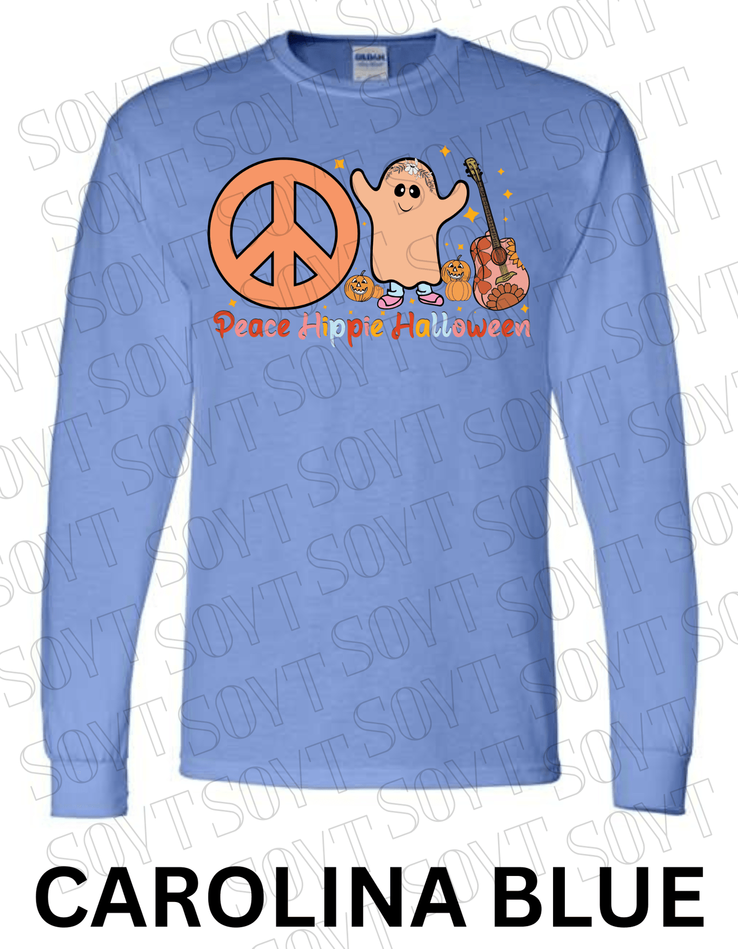 Peace Hippie Halloween Long Sleeve – Ghost, Peace Sign & Floral Guitar Fall Shirt - Festive Apparel StoreCarolina Blue