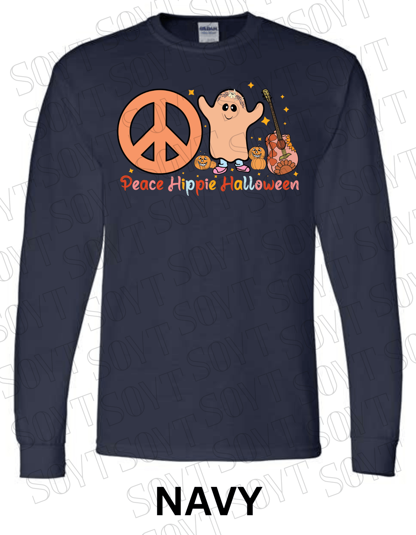 Peace Hippie Halloween Long Sleeve – Ghost, Peace Sign & Floral Guitar Fall Shirt - Festive Apparel StoreNavy Blue