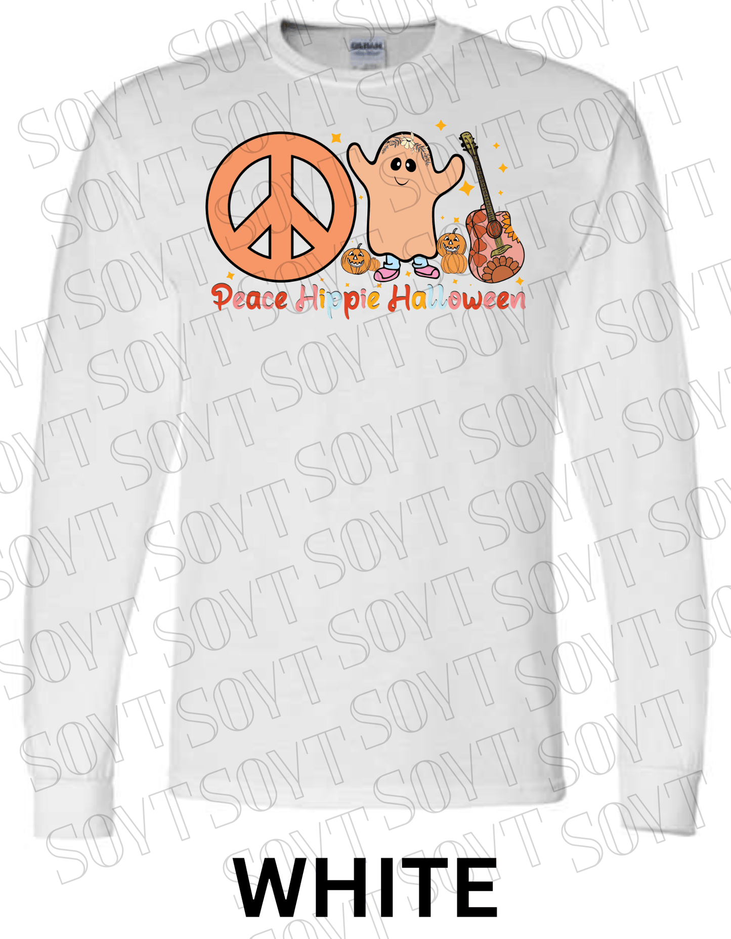 Peace Hippie Halloween Long Sleeve – Ghost, Peace Sign & Floral Guitar Fall Shirt - Festive Apparel StoreWhite