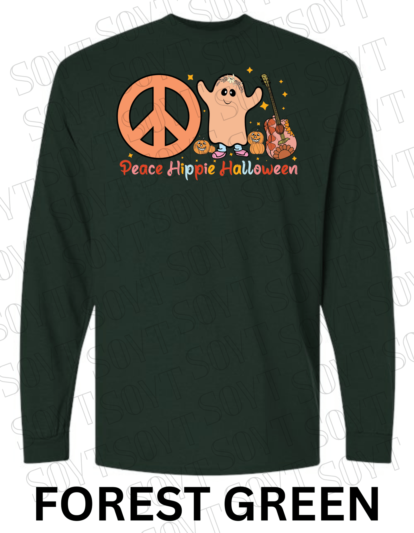 Peace Hippie Halloween Long Sleeve – Ghost, Peace Sign & Floral Guitar Fall Shirt - Festive Apparel StoreForest Green