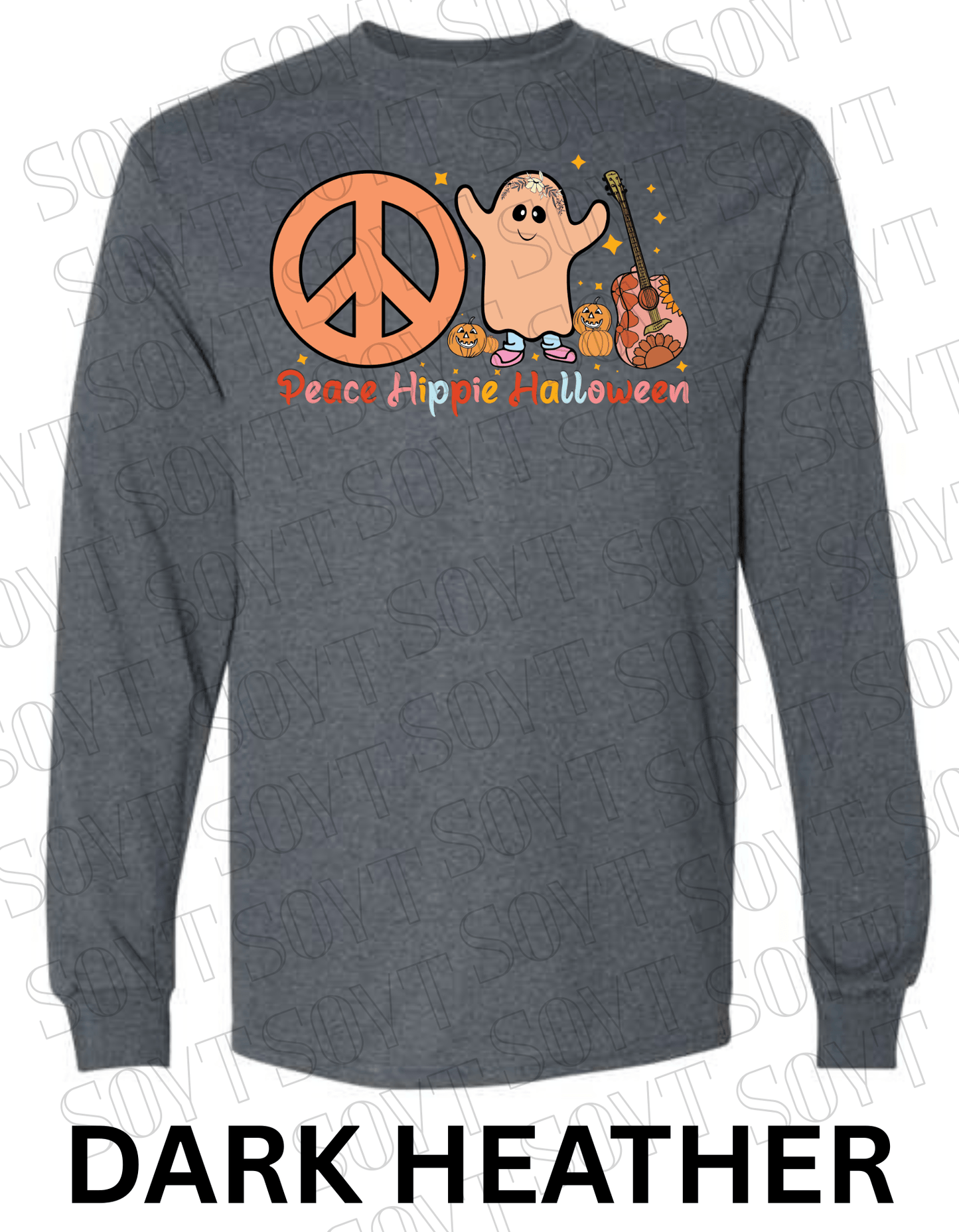 Peace Hippie Halloween Long Sleeve – Ghost, Peace Sign & Floral Guitar Fall Shirt - Festive Apparel StoreDark Heather