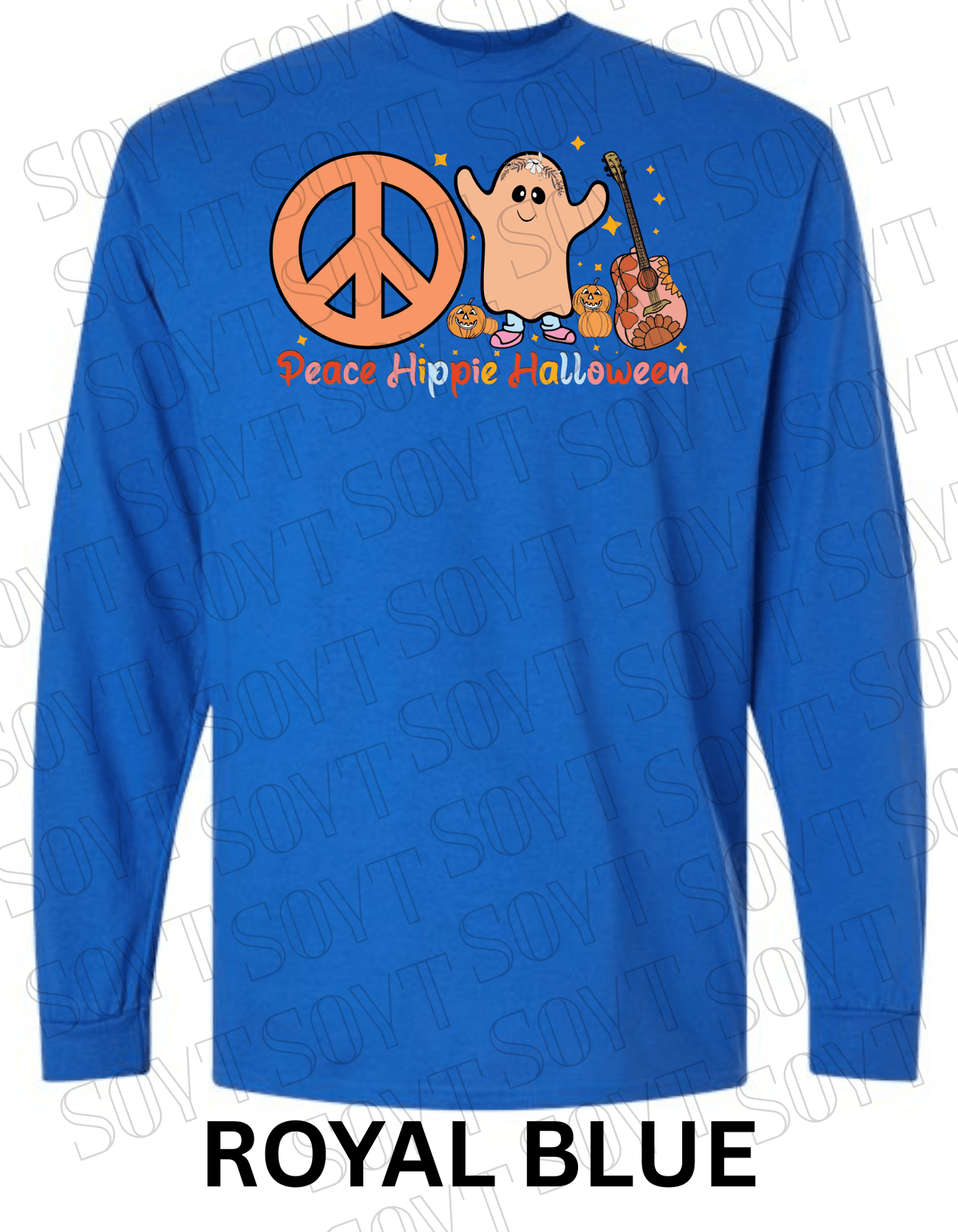 Peace Hippie Halloween Long Sleeve – Ghost, Peace Sign & Floral Guitar Fall Shirt - Festive Apparel StoreRoyal Blue
