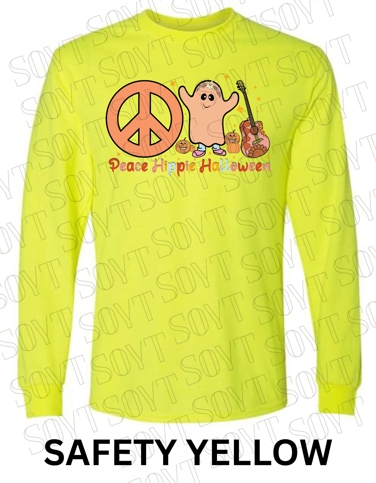 Peace Hippie Halloween Long Sleeve – Ghost, Peace Sign & Floral Guitar Fall Shirt - Festive Apparel StoreSafety Yellow