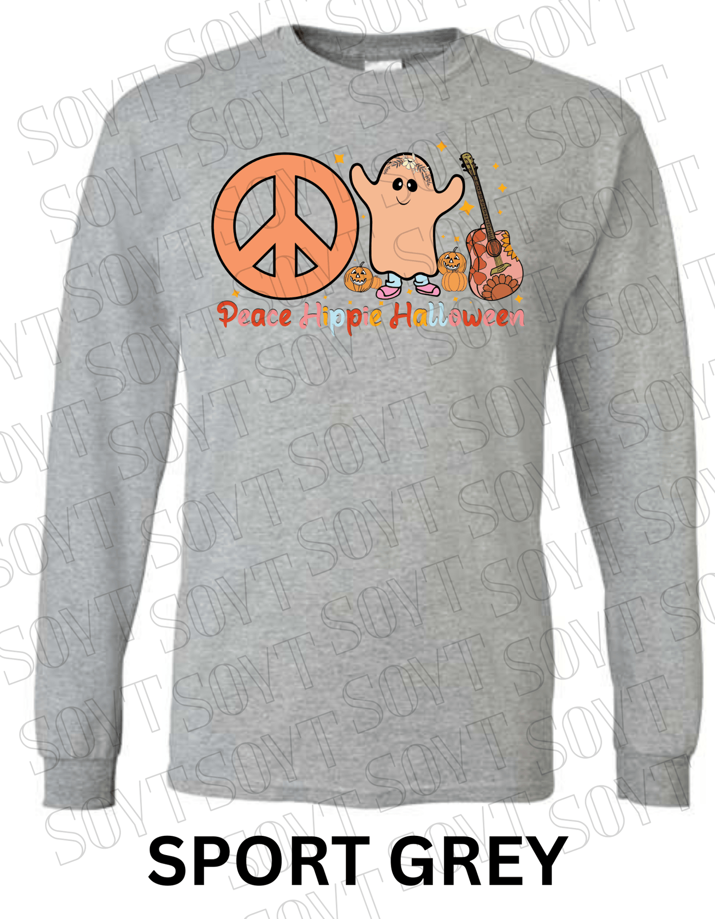 Peace Hippie Halloween Long Sleeve – Ghost, Peace Sign & Floral Guitar Fall Shirt - Festive Apparel StoreSport Grey