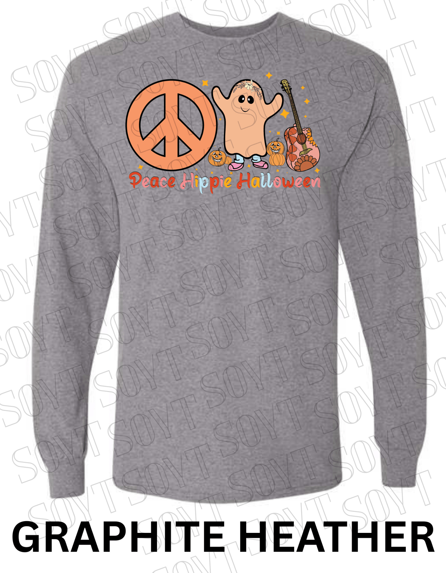 Peace Hippie Halloween Long Sleeve – Ghost, Peace Sign & Floral Guitar Fall Shirt - Festive Apparel StoreGraphite Heather