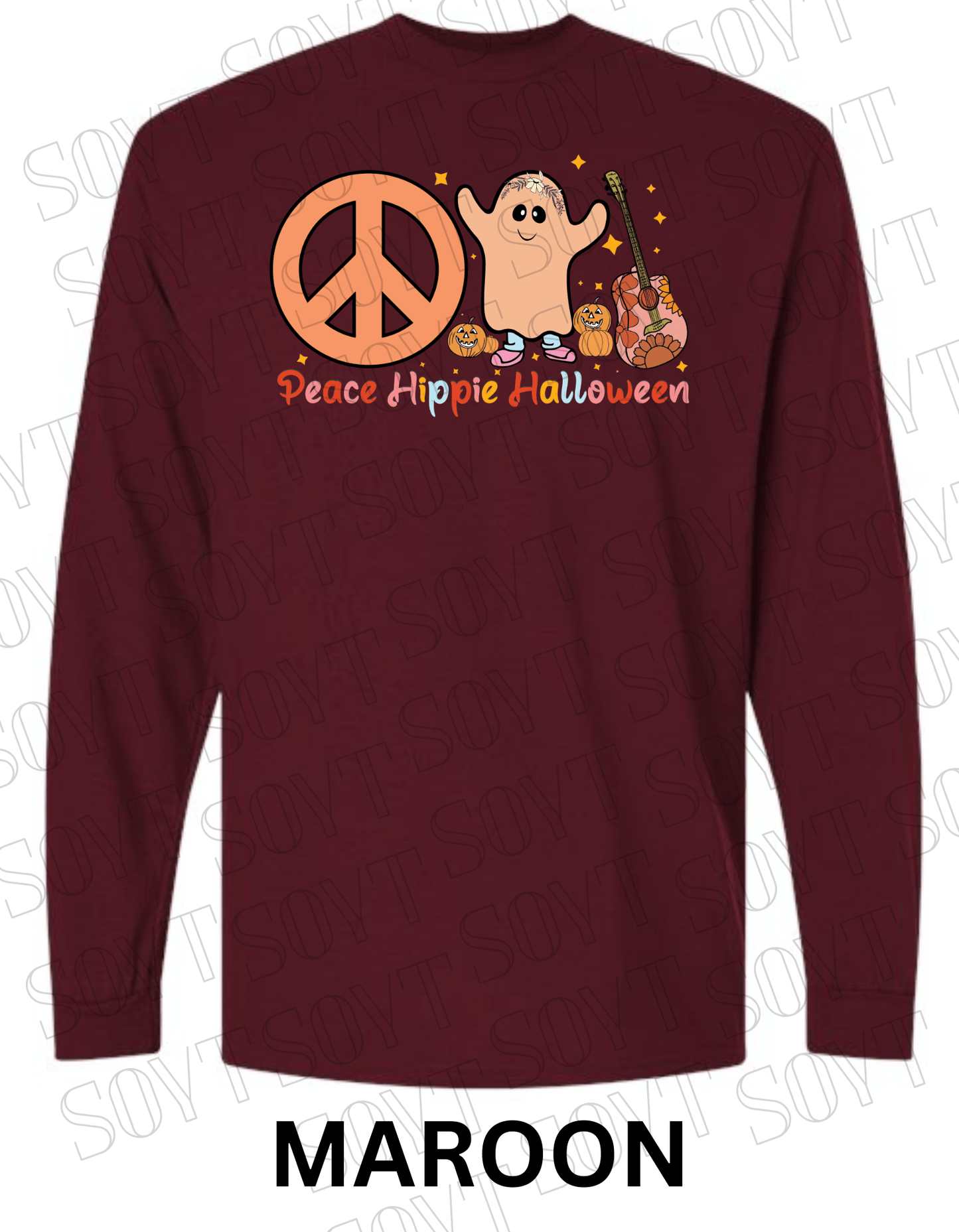 Peace Hippie Halloween Long Sleeve – Ghost, Peace Sign & Floral Guitar Fall Shirt - Festive Apparel StoreMaroon