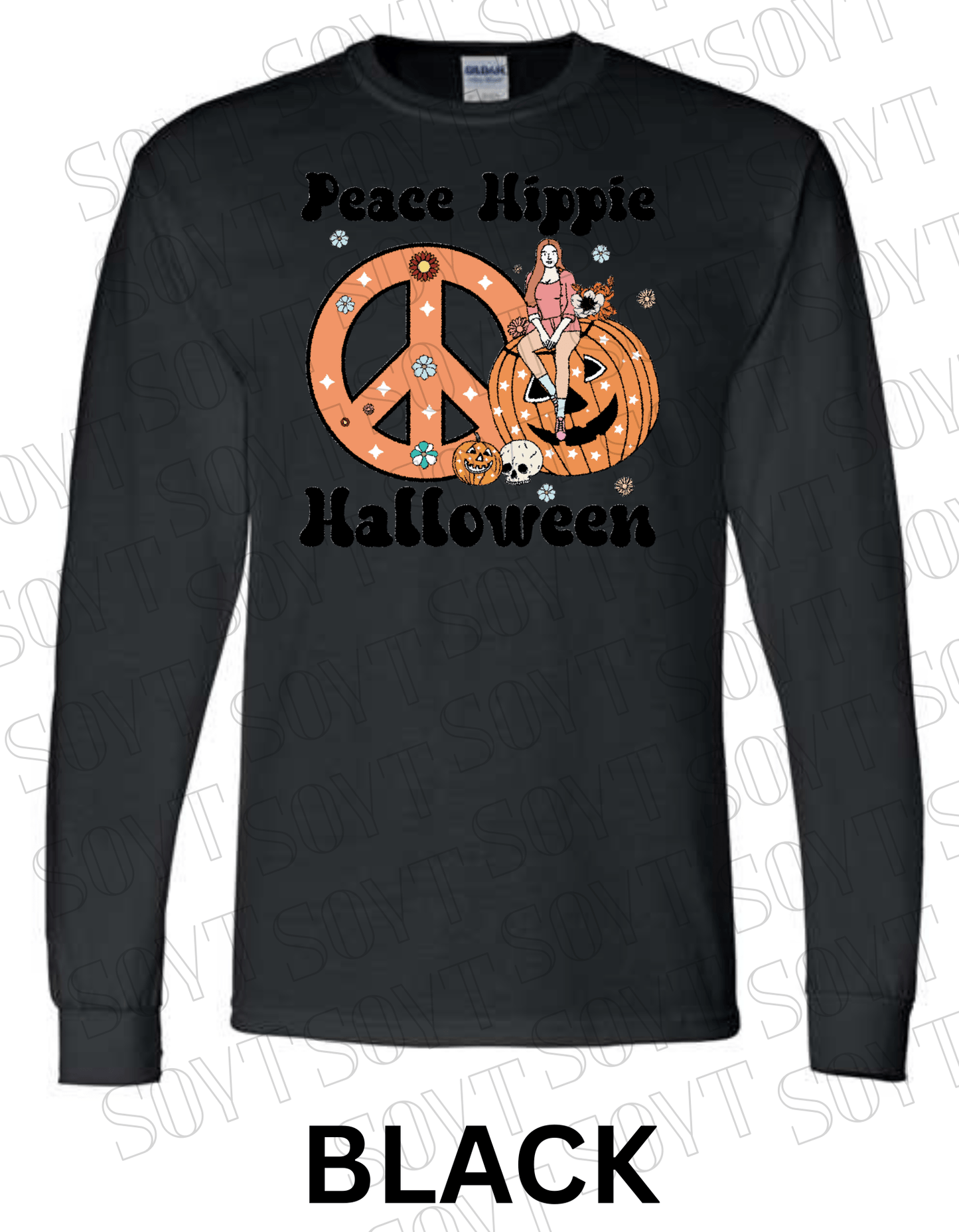 Peace Hippie Halloween Long Sleeve – Retro Girl, Pumpkins & Floral Peace Sign Shirt - Festive Apparel StoreBlack