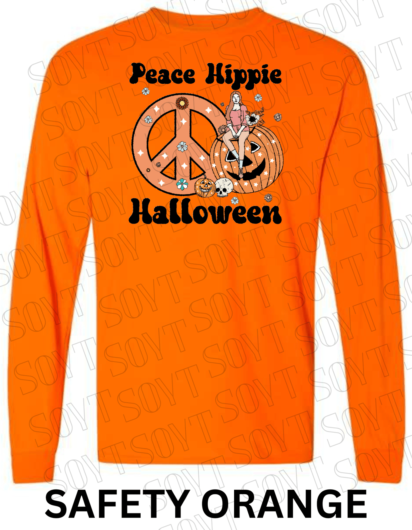 Peace Hippie Halloween Long Sleeve – Retro Girl, Pumpkins & Floral Peace Sign Shirt - Festive Apparel StoreSafety Orange
