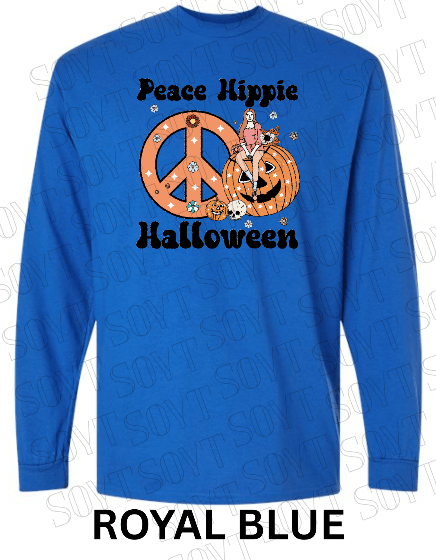 Peace Hippie Halloween Long Sleeve – Retro Girl, Pumpkins & Floral Peace Sign Shirt - Festive Apparel StoreRoyal Blue