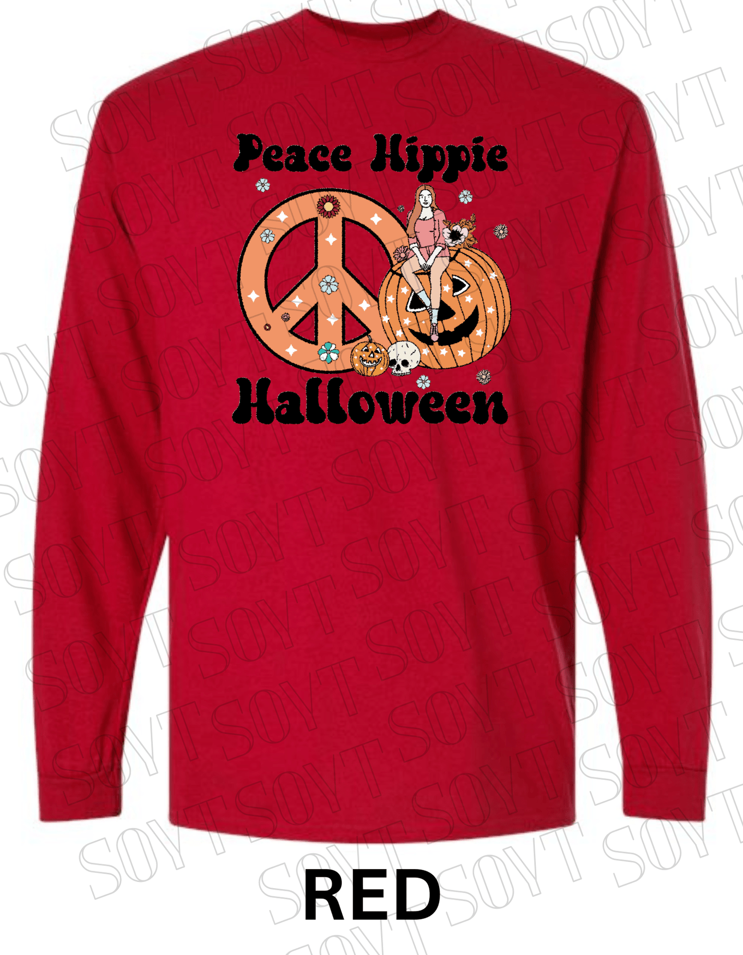Peace Hippie Halloween Long Sleeve – Retro Girl, Pumpkins & Floral Peace Sign Shirt - Festive Apparel StoreRed
