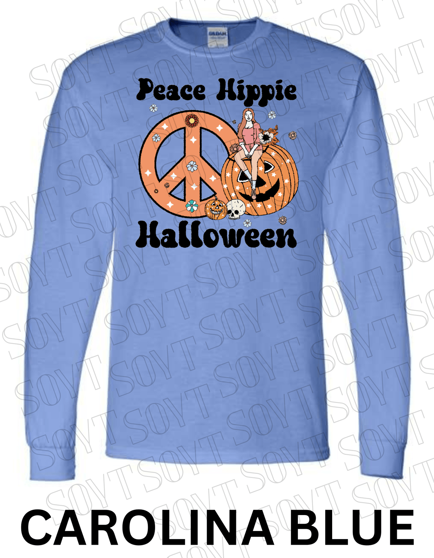 Peace Hippie Halloween Long Sleeve – Retro Girl, Pumpkins & Floral Peace Sign Shirt - Festive Apparel StoreCarolina Blue