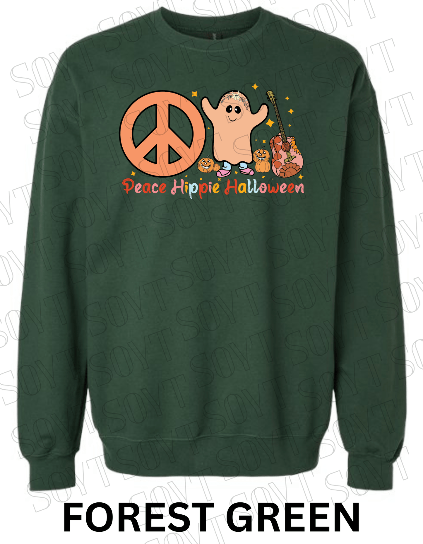 Peace Hippie Halloween Sweatshirt – Cute Ghost, Peace Sign & Floral Guitar Fall Pullover - Festive Apparel StoreForest Green