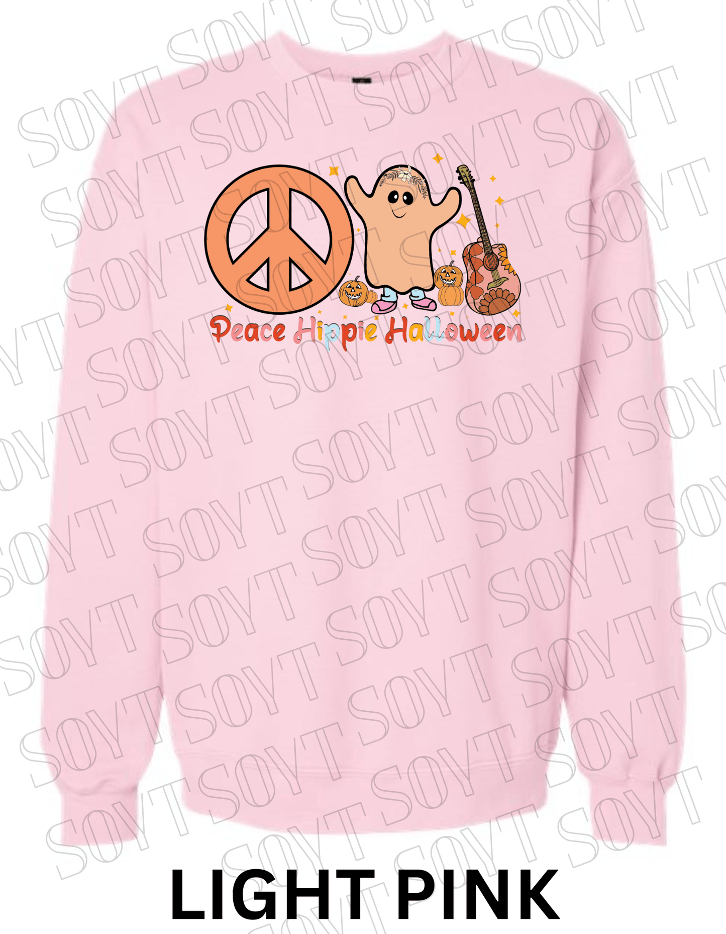 Peace Hippie Halloween Sweatshirt – Cute Ghost, Peace Sign & Floral Guitar Fall Pullover - Festive Apparel StoreLight Pink