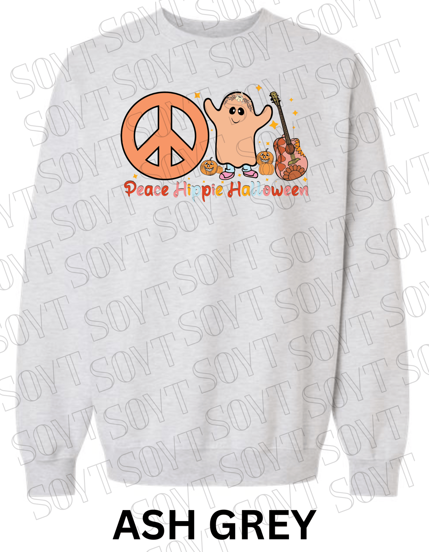 Peace Hippie Halloween Sweatshirt – Cute Ghost, Peace Sign & Floral Guitar Fall Pullover - Festive Apparel StoreAsh Grey