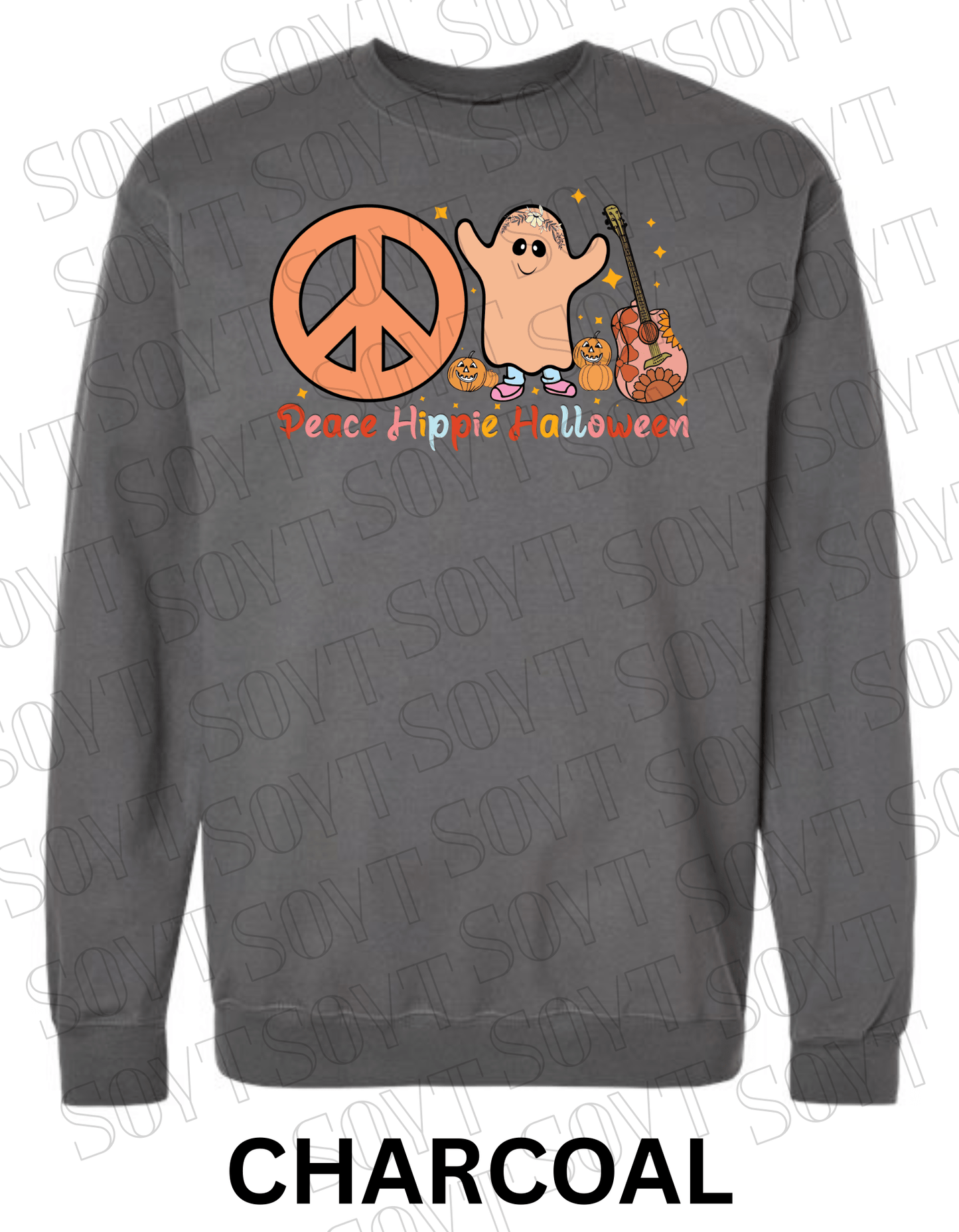 Peace Hippie Halloween Sweatshirt – Cute Ghost, Peace Sign & Floral Guitar Fall Pullover - Festive Apparel StoreCharcoal