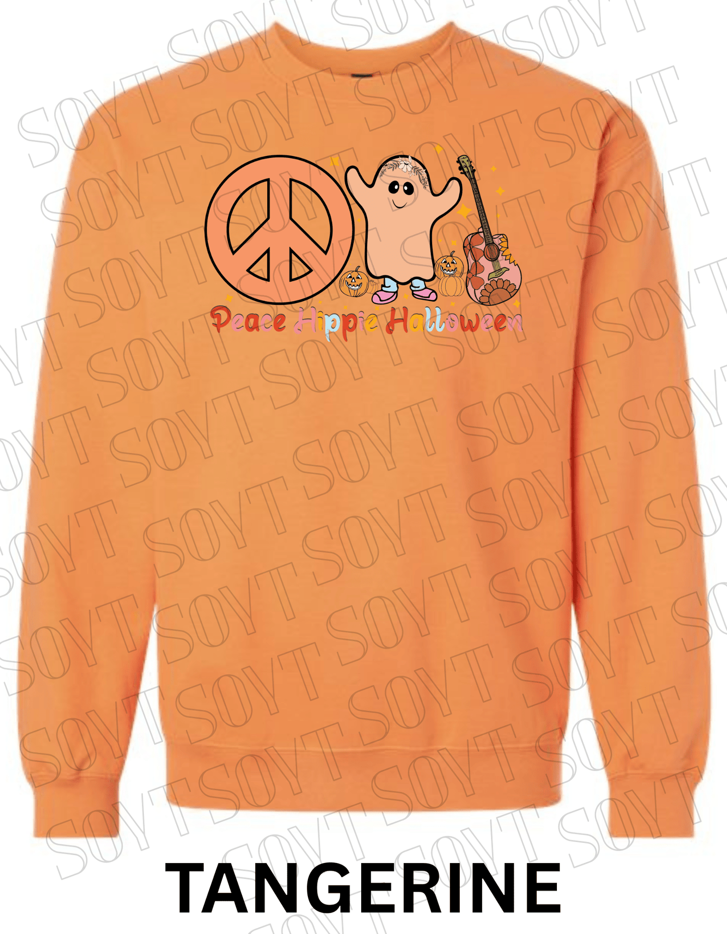 Peace Hippie Halloween Sweatshirt – Cute Ghost, Peace Sign & Floral Guitar Fall Pullover - Festive Apparel StoreTangerine