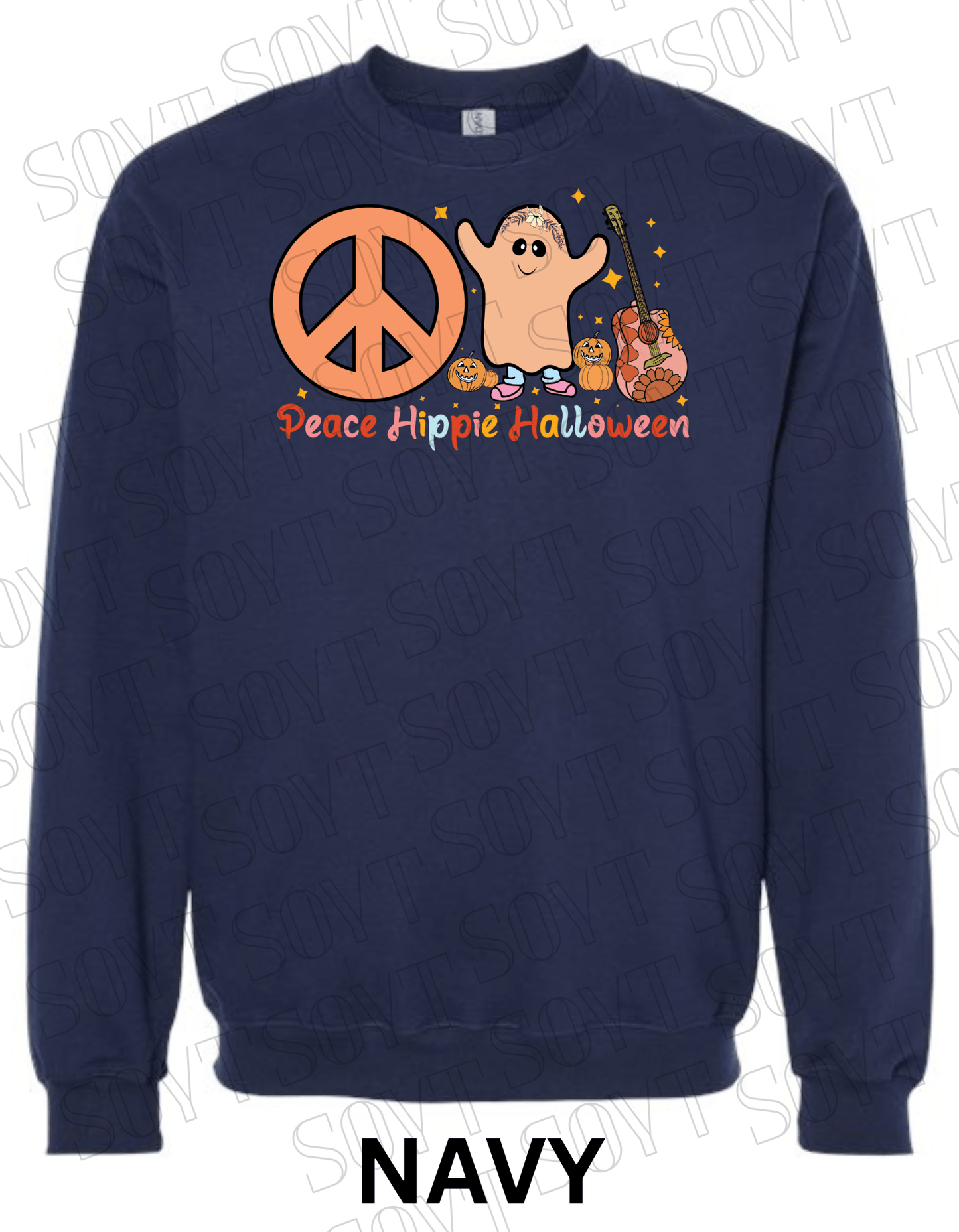 Peace Hippie Halloween Sweatshirt – Cute Ghost, Peace Sign & Floral Guitar Fall Pullover - Festive Apparel StoreNavy Blue