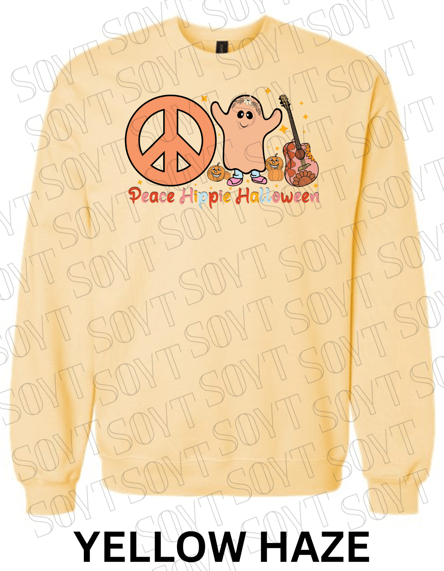 Peace Hippie Halloween Sweatshirt – Cute Ghost, Peace Sign & Floral Guitar Fall Pullover - Festive Apparel StoreYellow Haze