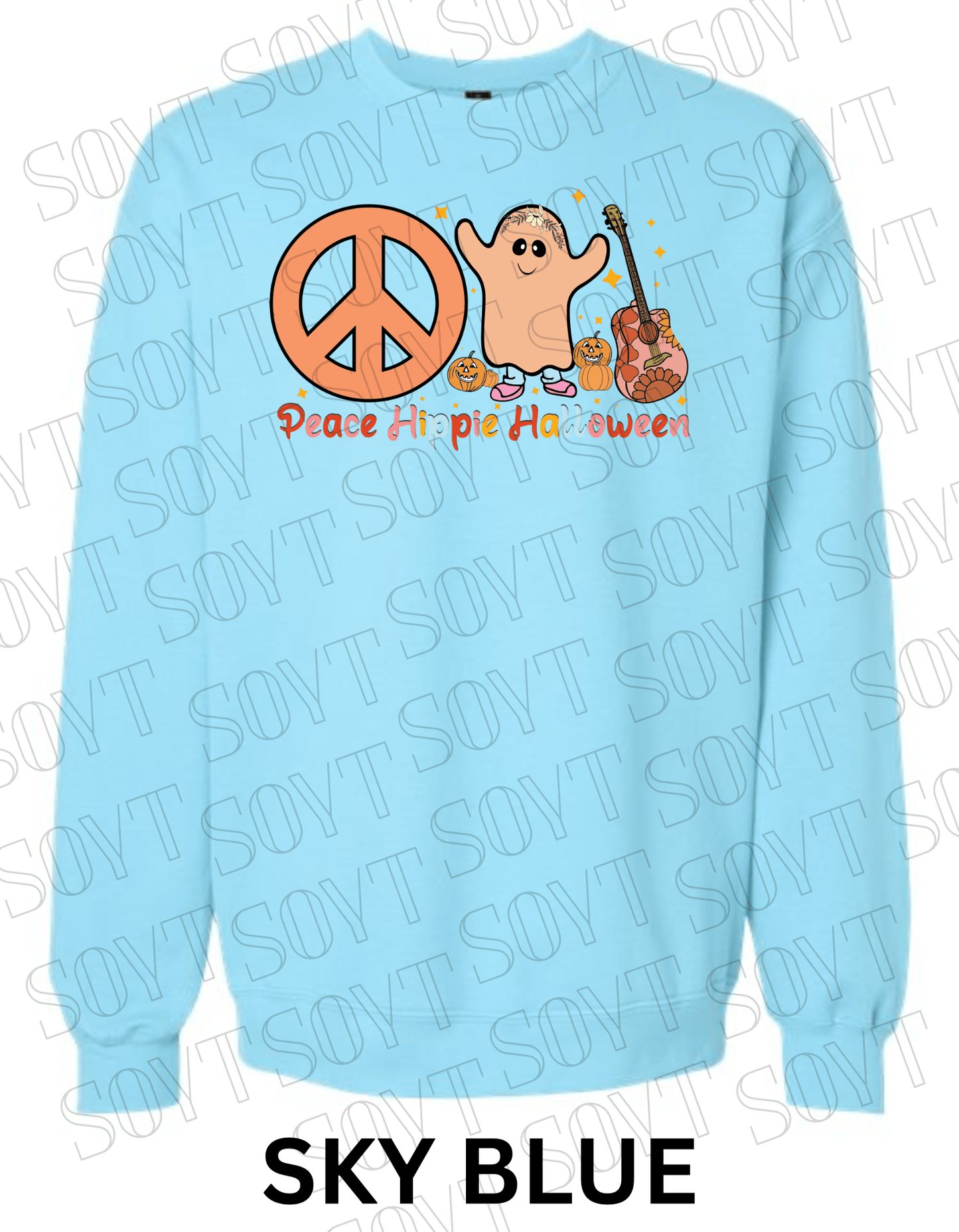 Peace Hippie Halloween Sweatshirt – Cute Ghost, Peace Sign & Floral Guitar Fall Pullover - Festive Apparel StoreSky Blue