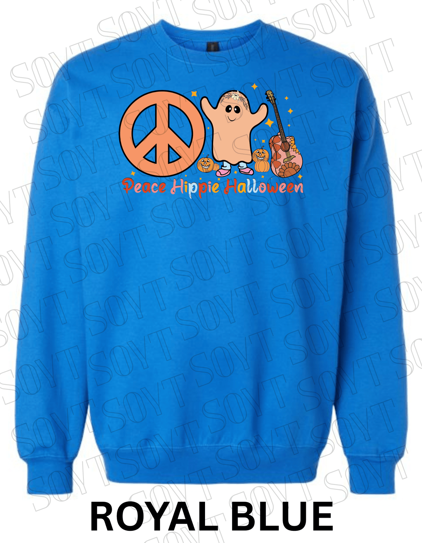 Peace Hippie Halloween Sweatshirt – Cute Ghost, Peace Sign & Floral Guitar Fall Pullover - Festive Apparel StoreRoyal Blue