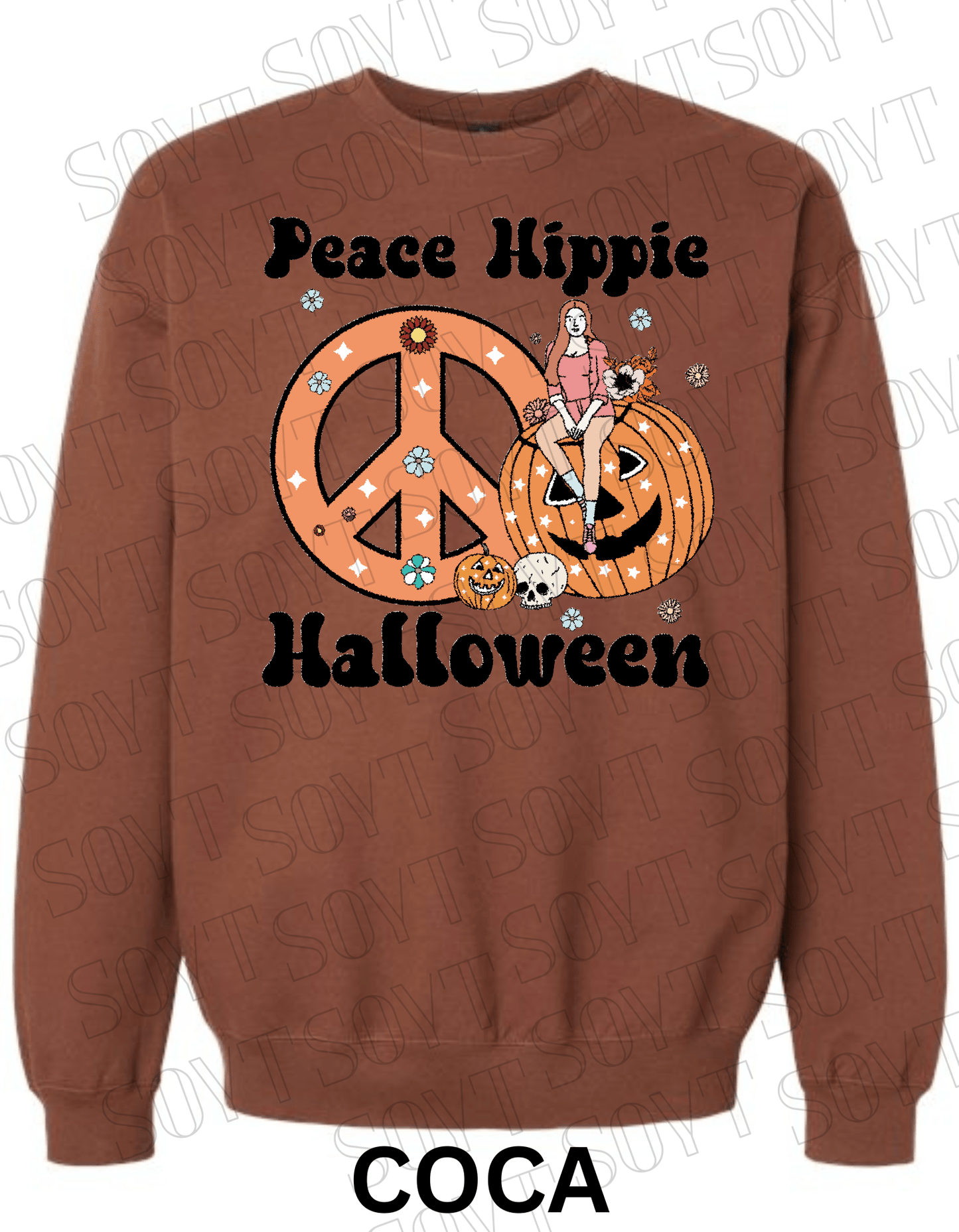 Peace Hippie Halloween Sweatshirt – Retro Girl, Peace Sign & Pumpkin Floral Pullover - Festive Apparel StoreCocoa Brown