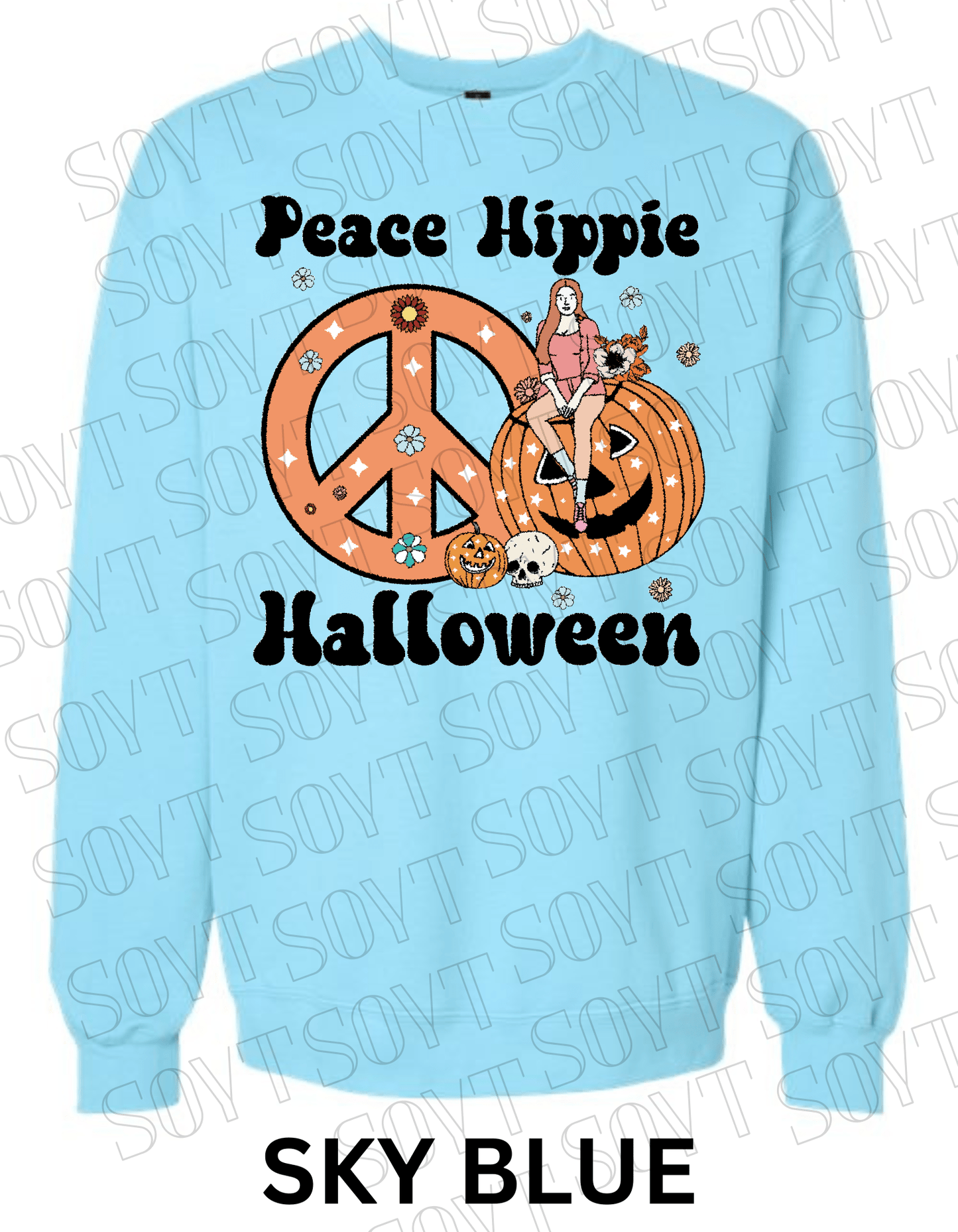Peace Hippie Halloween Sweatshirt – Retro Girl, Peace Sign & Pumpkin Floral Pullover - Festive Apparel StoreSky Blue