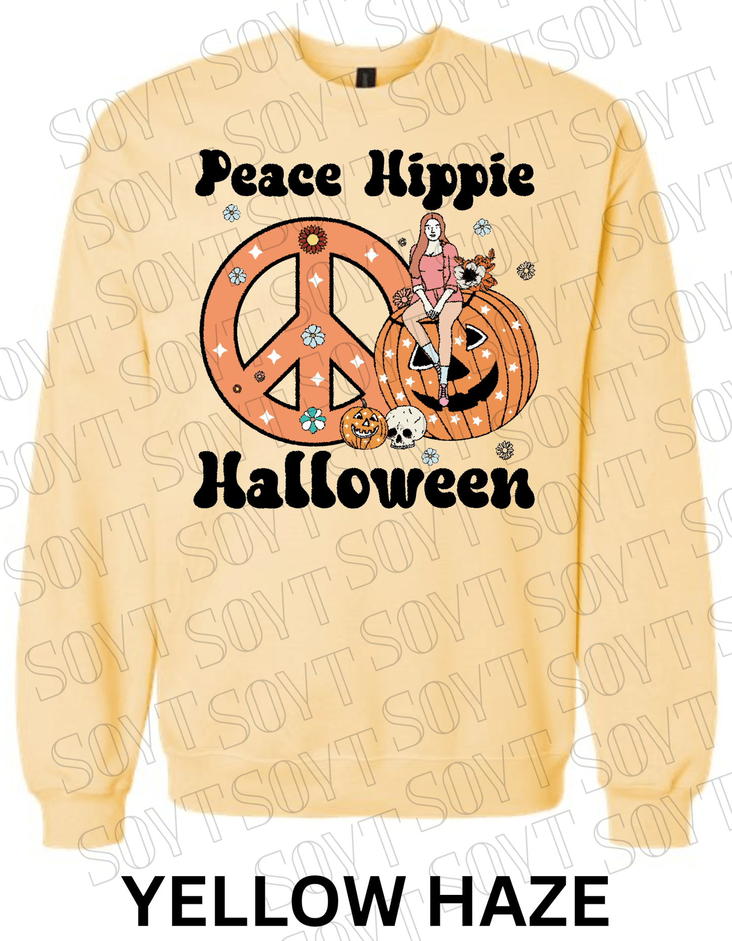 Peace Hippie Halloween Sweatshirt – Retro Girl, Peace Sign & Pumpkin Floral Pullover - Festive Apparel StoreYellow Haze