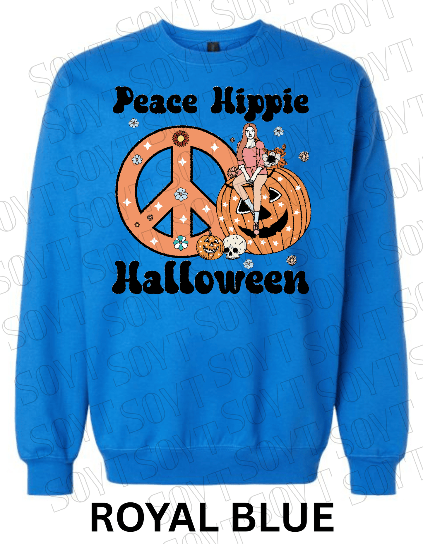 Peace Hippie Halloween Sweatshirt – Retro Girl, Peace Sign & Pumpkin Floral Pullover - Festive Apparel StoreRoyal Blue