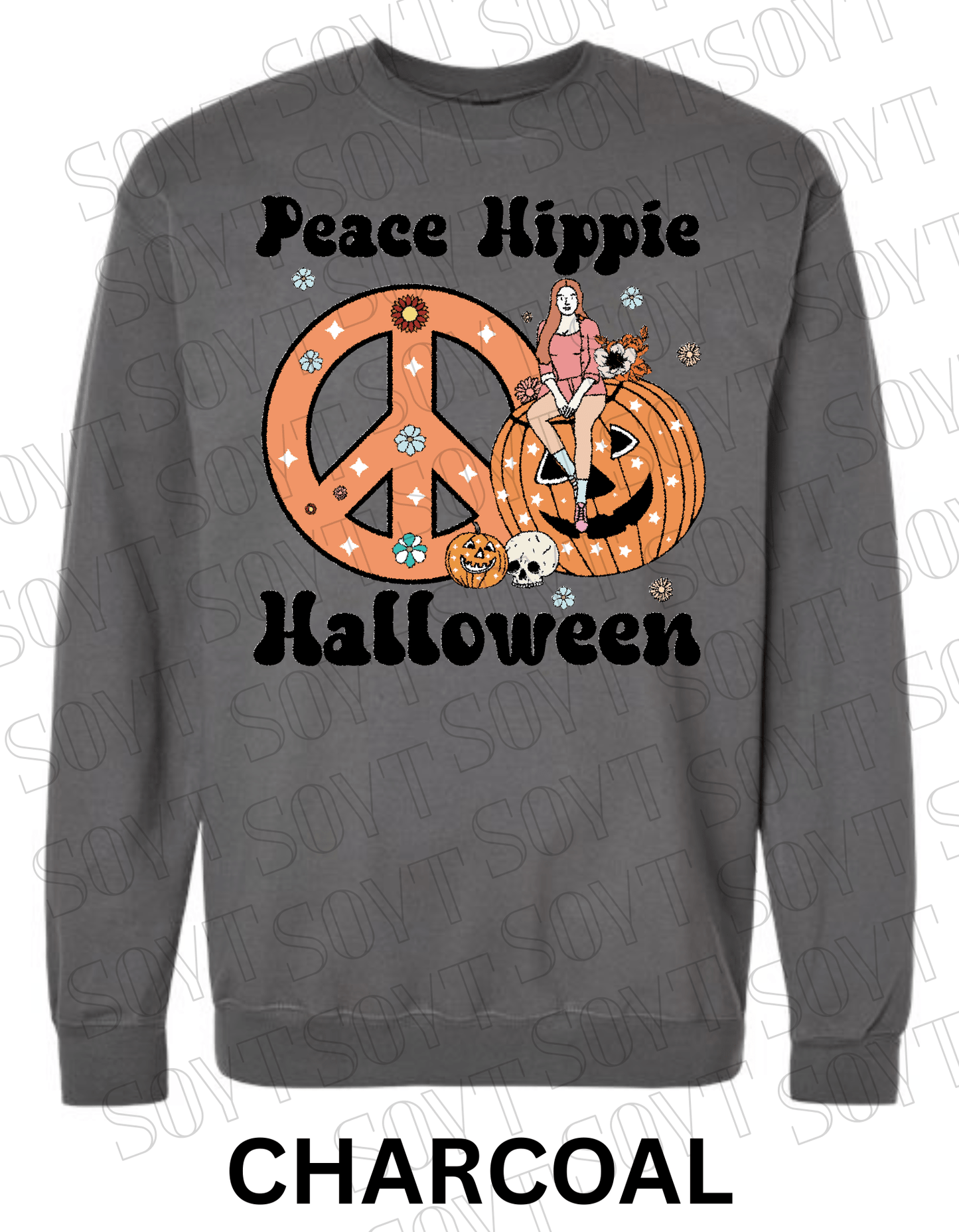 Peace Hippie Halloween Sweatshirt – Retro Girl, Peace Sign & Pumpkin Floral Pullover - Festive Apparel StoreCharcoal