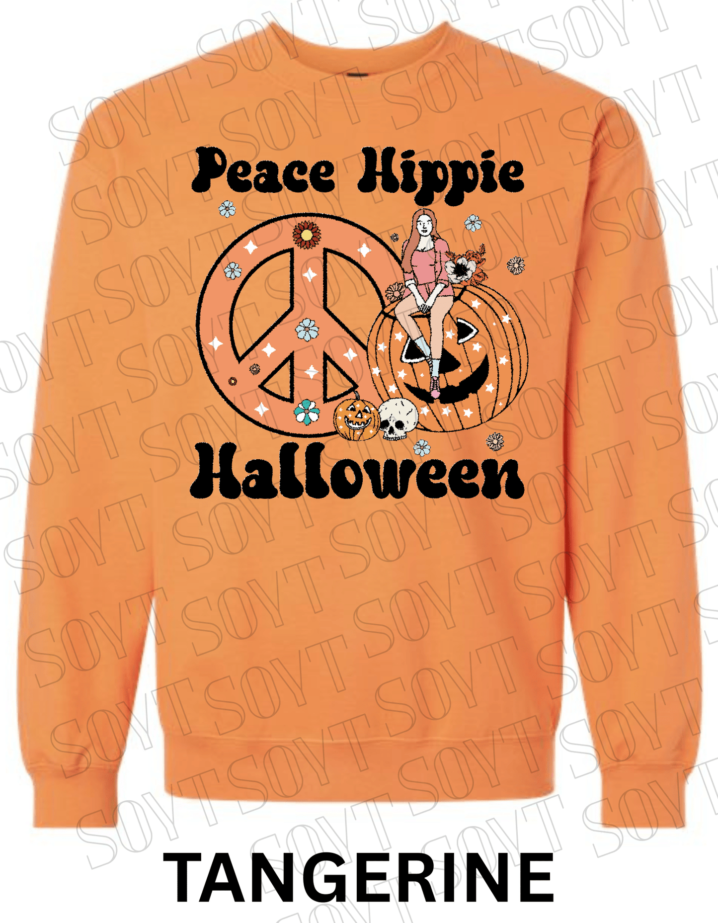 Peace Hippie Halloween Sweatshirt – Retro Girl, Peace Sign & Pumpkin Floral Pullover - Festive Apparel StoreTangerine