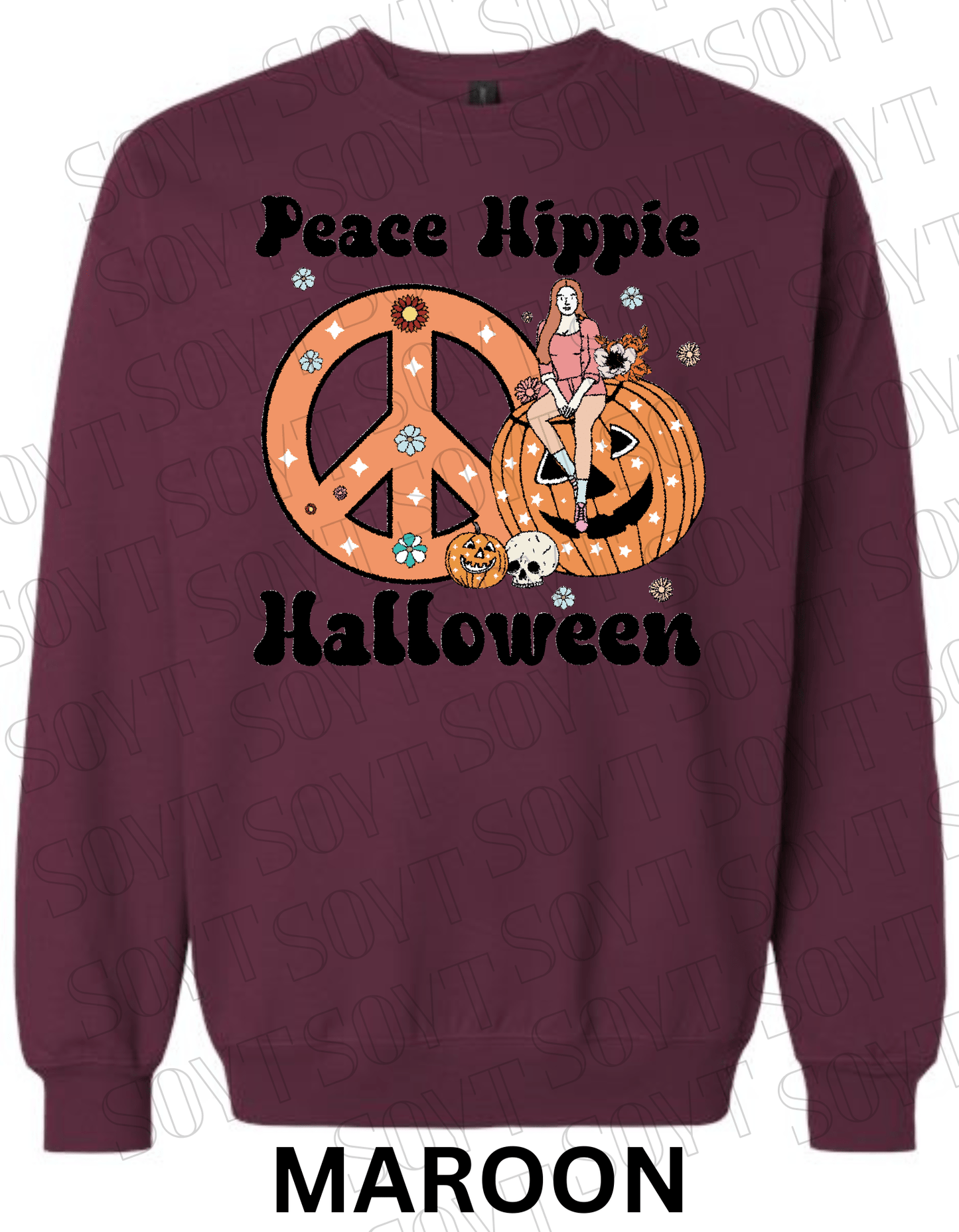 Peace Hippie Halloween Sweatshirt – Retro Girl, Peace Sign & Pumpkin Floral Pullover - Festive Apparel StoreMaroon