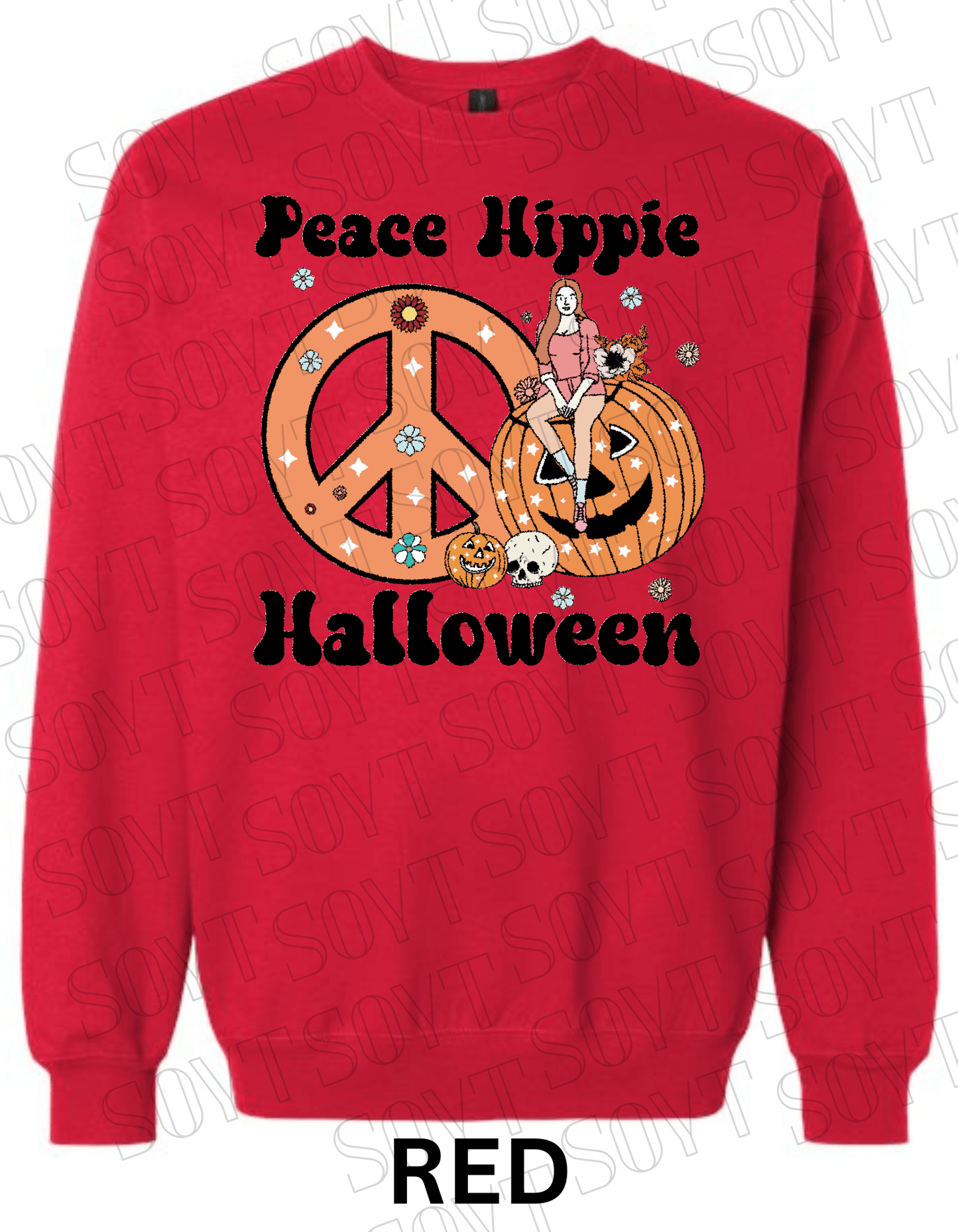 Peace Hippie Halloween Sweatshirt – Retro Girl, Peace Sign & Pumpkin Floral Pullover - Festive Apparel StoreRed
