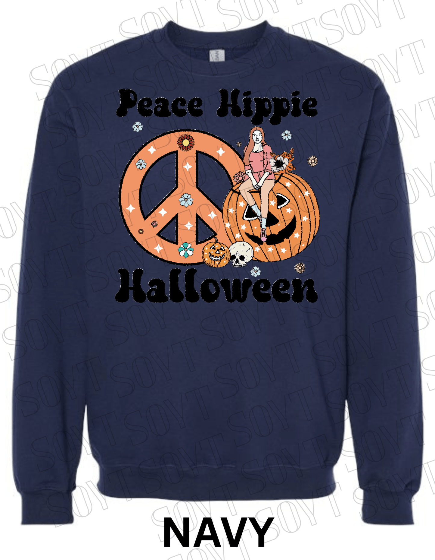 Peace Hippie Halloween Sweatshirt – Retro Girl, Peace Sign & Pumpkin Floral Pullover - Festive Apparel StoreNavy Blue