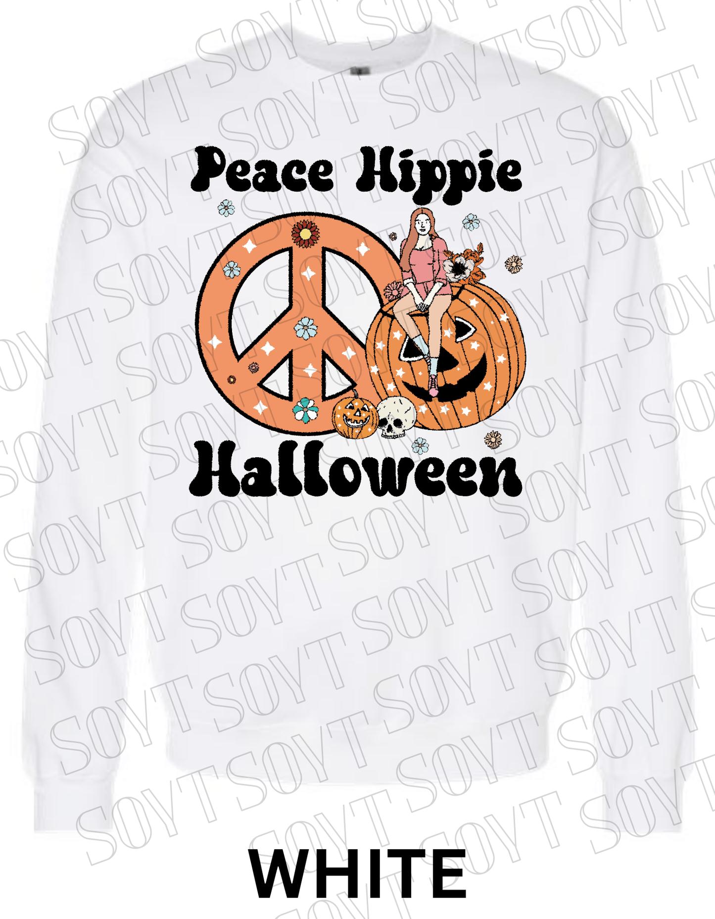 Peace Hippie Halloween Sweatshirt – Retro Girl, Peace Sign & Pumpkin Floral Pullover - Festive Apparel StoreWhite
