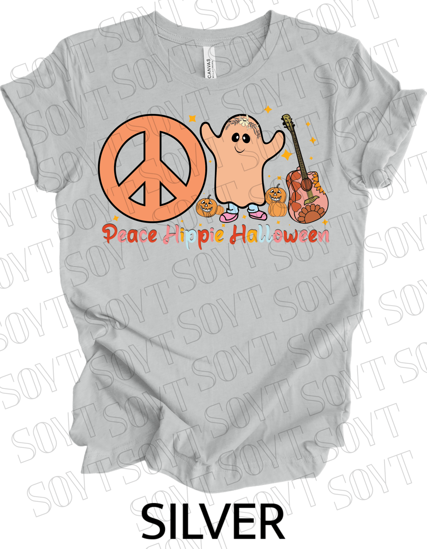 Peace Hippie Halloween T-Shirt – Cute Ghost, Peace Sign & Floral Pumpkin Guitar Tee - Festive Apparel StoreSilver