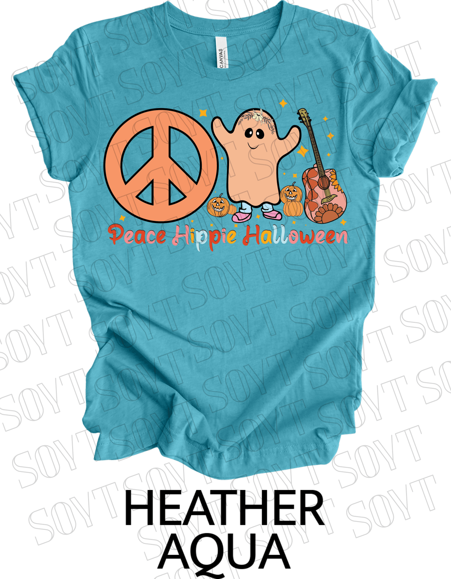 Peace Hippie Halloween T-Shirt – Cute Ghost, Peace Sign & Floral Pumpkin Guitar Tee - Festive Apparel StoreHeather Aqua