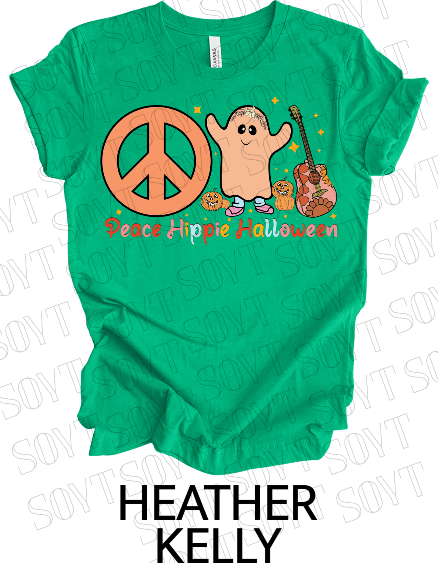 Peace Hippie Halloween T-Shirt – Cute Ghost, Peace Sign & Floral Pumpkin Guitar Tee - Festive Apparel StoreHeather Kelly Green