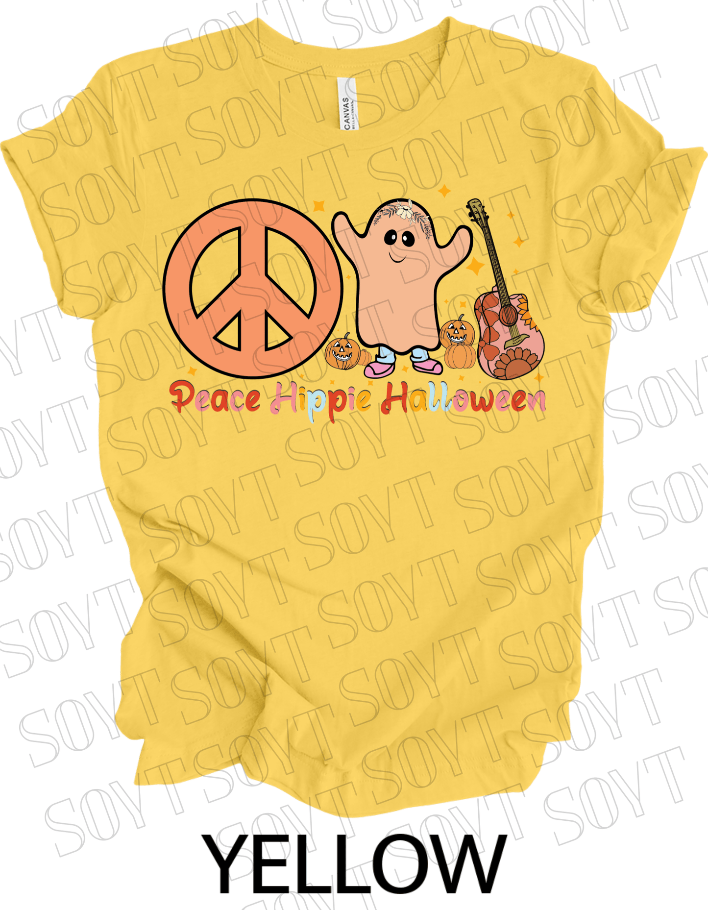 Peace Hippie Halloween T-Shirt – Cute Ghost, Peace Sign & Floral Pumpkin Guitar Tee - Festive Apparel StoreYellow