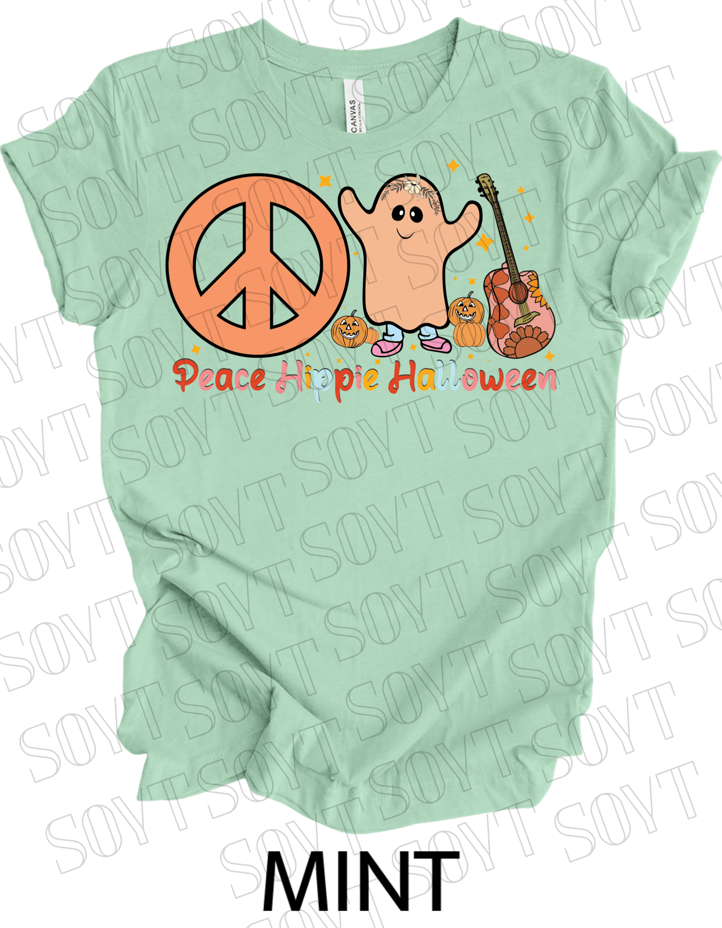 Peace Hippie Halloween T-Shirt – Cute Ghost, Peace Sign & Floral Pumpkin Guitar Tee - Festive Apparel StoreMint