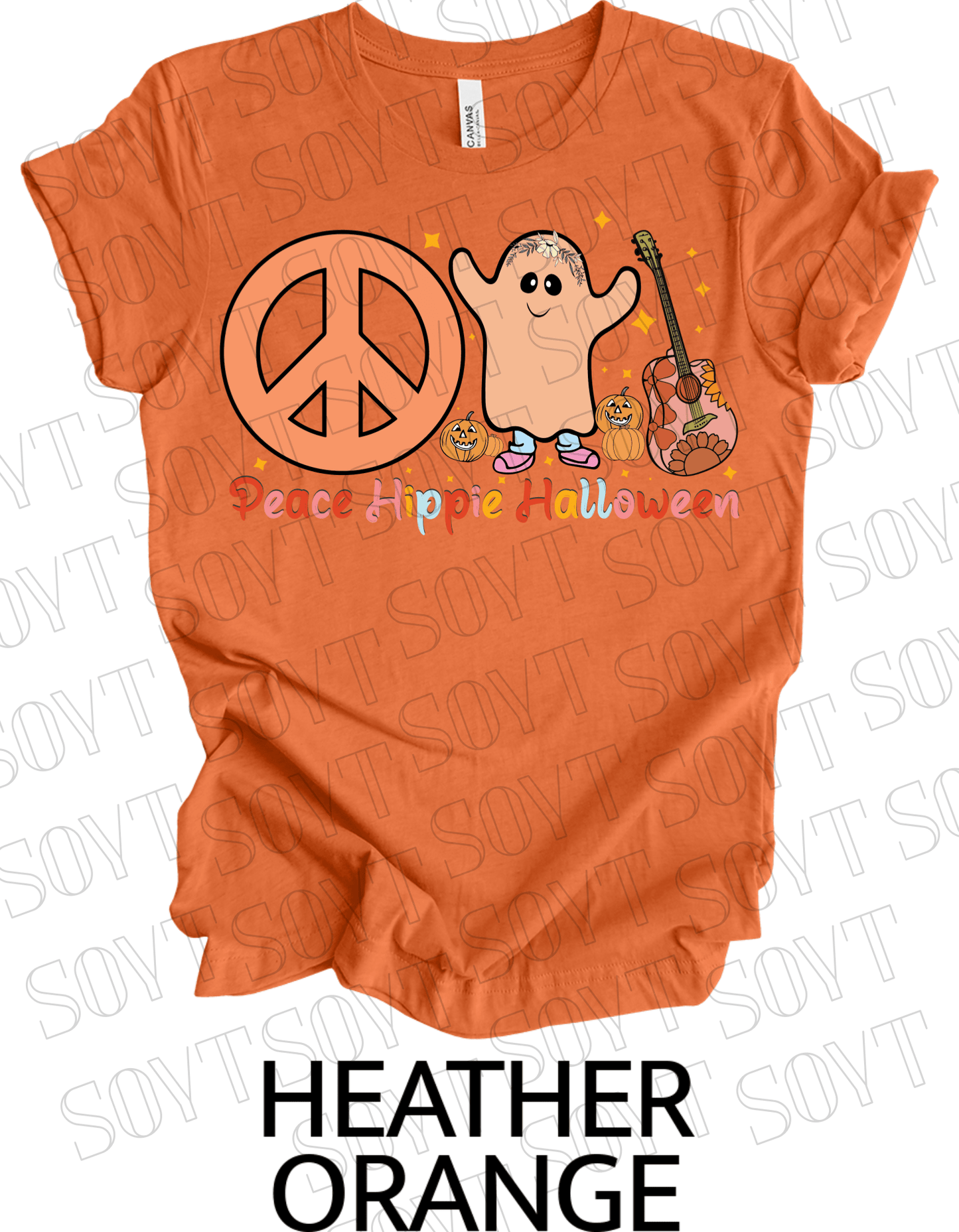 Peace Hippie Halloween T-Shirt – Cute Ghost, Peace Sign & Floral Pumpkin Guitar Tee - Festive Apparel StoreHeather Orange
