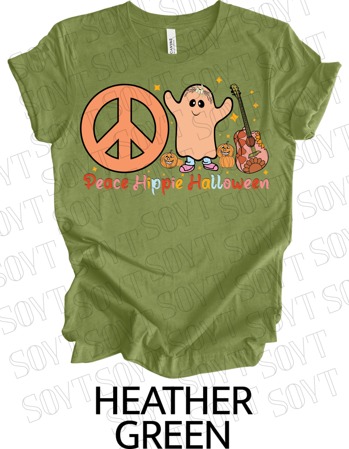 Peace Hippie Halloween T-Shirt – Cute Ghost, Peace Sign & Floral Pumpkin Guitar Tee - Festive Apparel StoreHeather Green