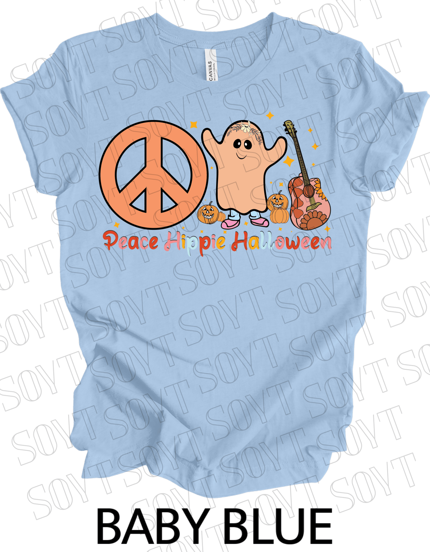 Peace Hippie Halloween T-Shirt – Cute Ghost, Peace Sign & Floral Pumpkin Guitar Tee - Festive Apparel StoreBaby Blue
