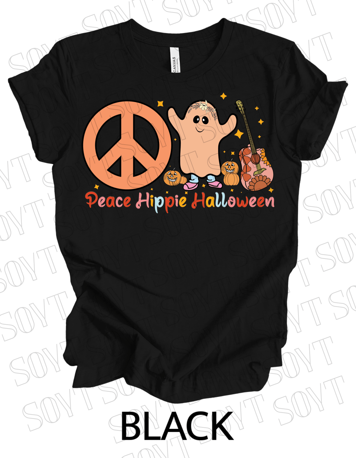 Peace Hippie Halloween T-Shirt – Cute Ghost, Peace Sign & Floral Pumpkin Guitar Tee - Festive Apparel StoreBlack