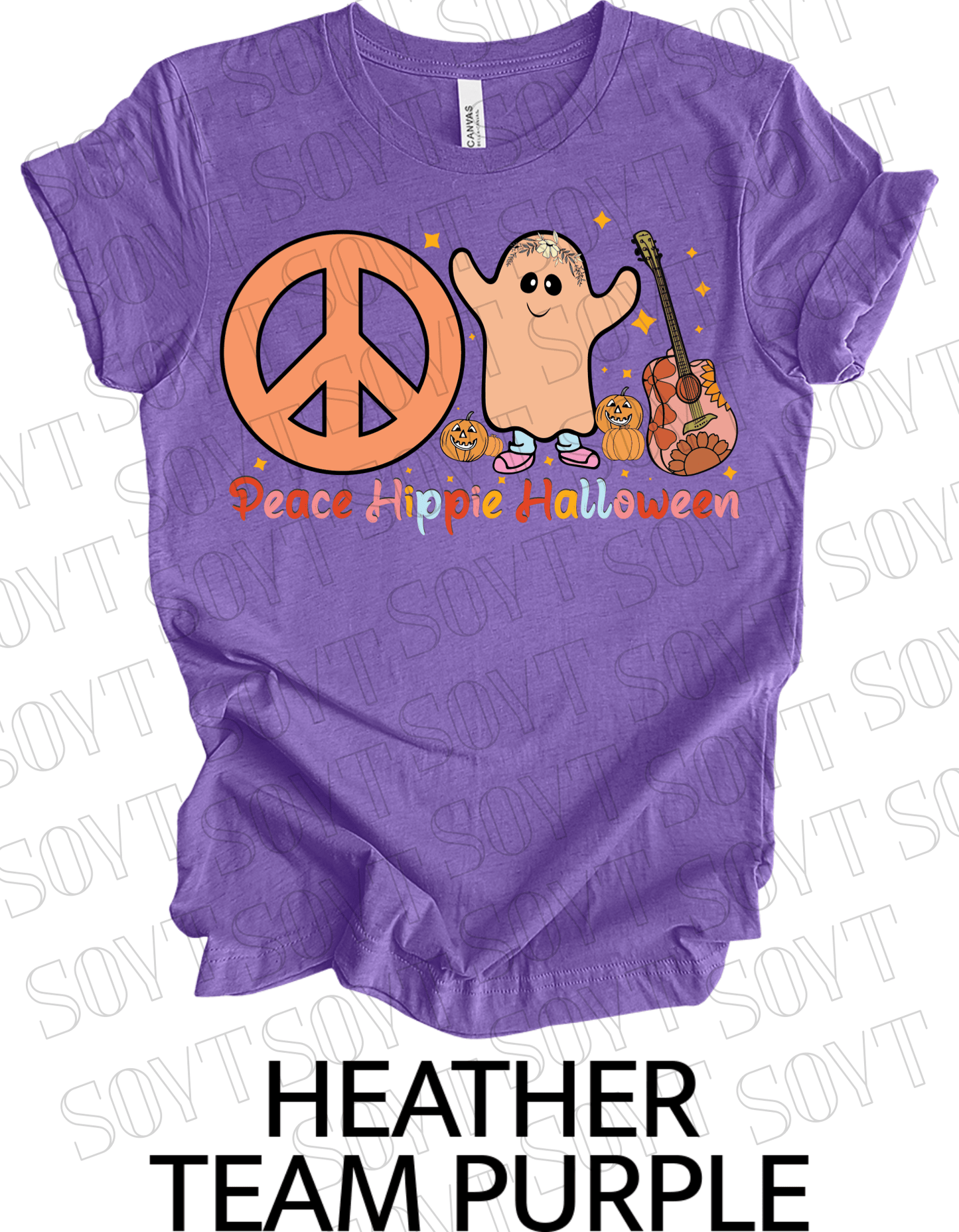 Peace Hippie Halloween T-Shirt – Cute Ghost, Peace Sign & Floral Pumpkin Guitar Tee - Festive Apparel StoreHeather Purple