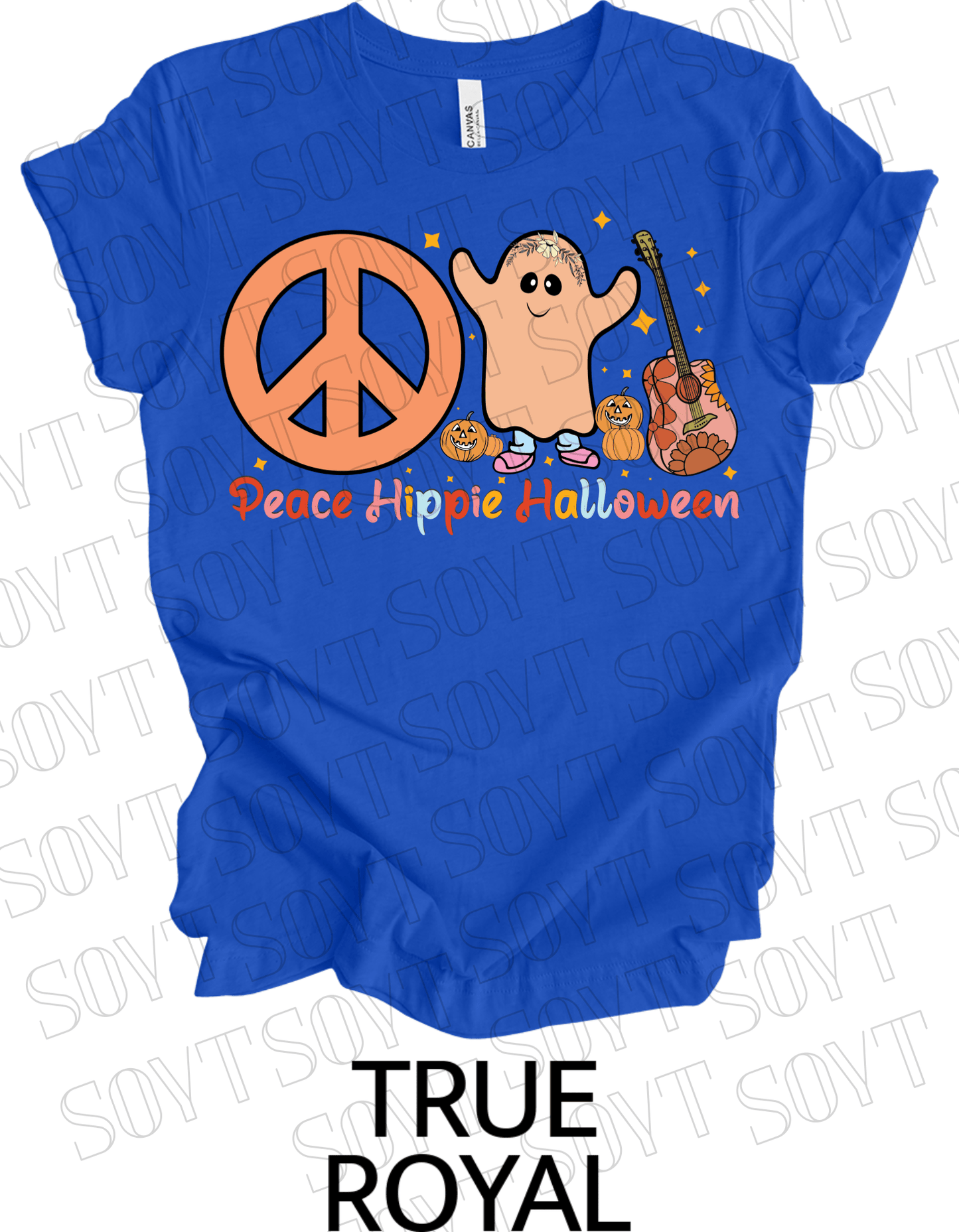 Peace Hippie Halloween T-Shirt – Cute Ghost, Peace Sign & Floral Pumpkin Guitar Tee - Festive Apparel StoreRoyal Blue