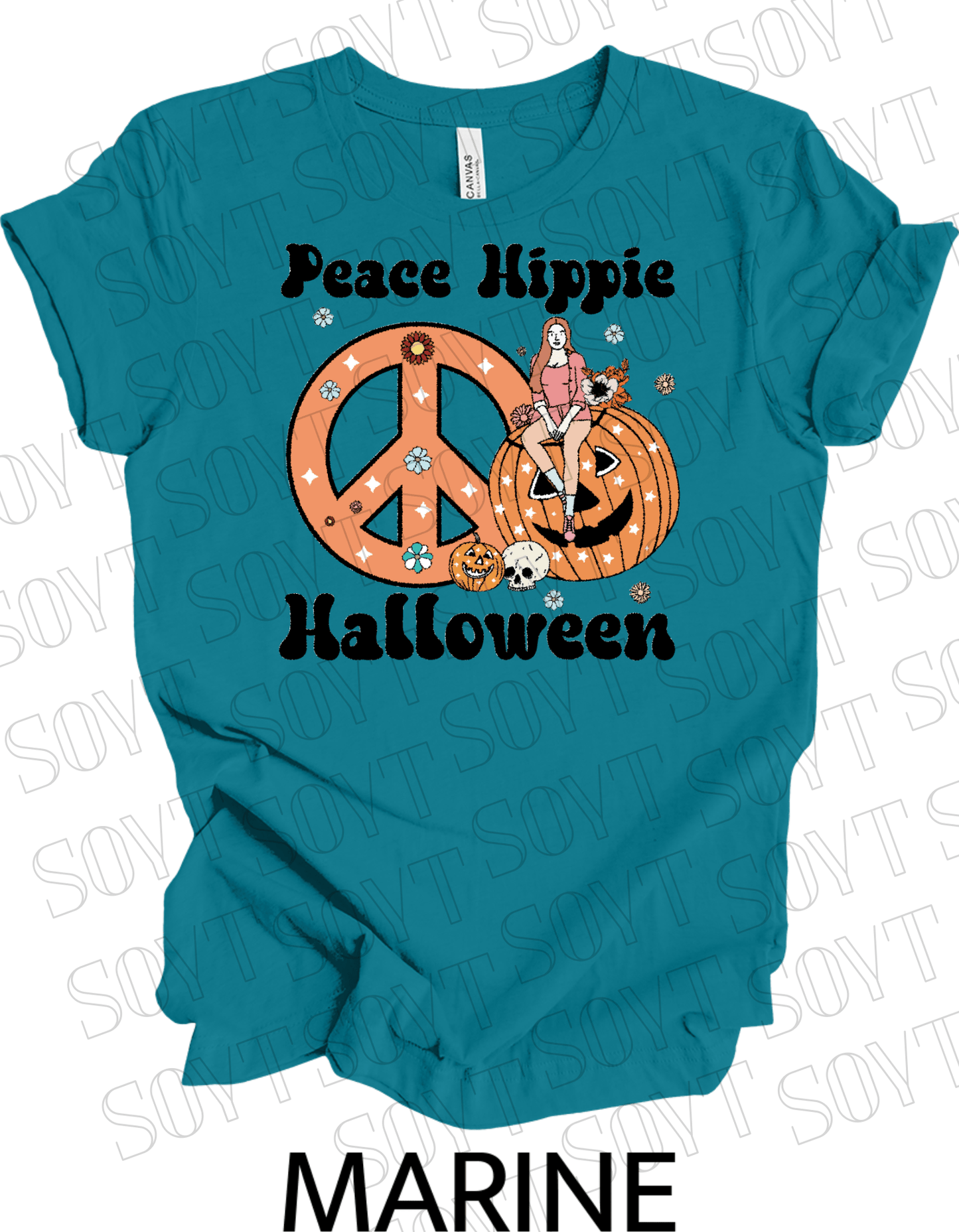 Peace Hippie Halloween T-Shirt – Retro Girl, Pumpkins & Floral Peace Sign Graphic Tee - Festive Apparel StoreMarine