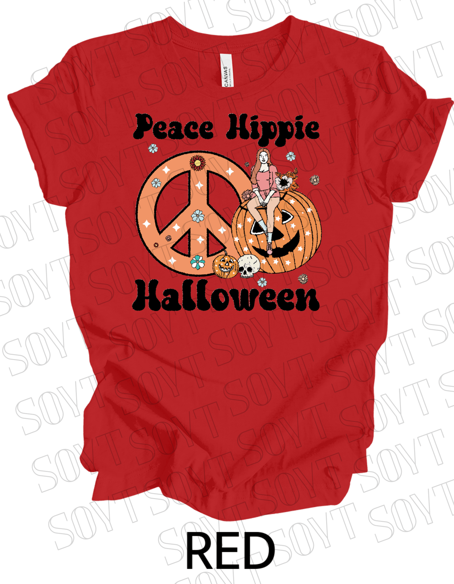 Peace Hippie Halloween T-Shirt – Retro Girl, Pumpkins & Floral Peace Sign Graphic Tee - Festive Apparel StoreRed